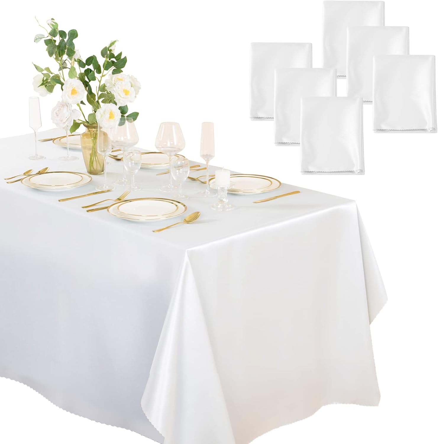 Paquete de 6 manteles rectangulares de satén blanco de 60 x 102 pulgadas, manteles de satén de seda brillante, decoración de mesa suave para bodas,