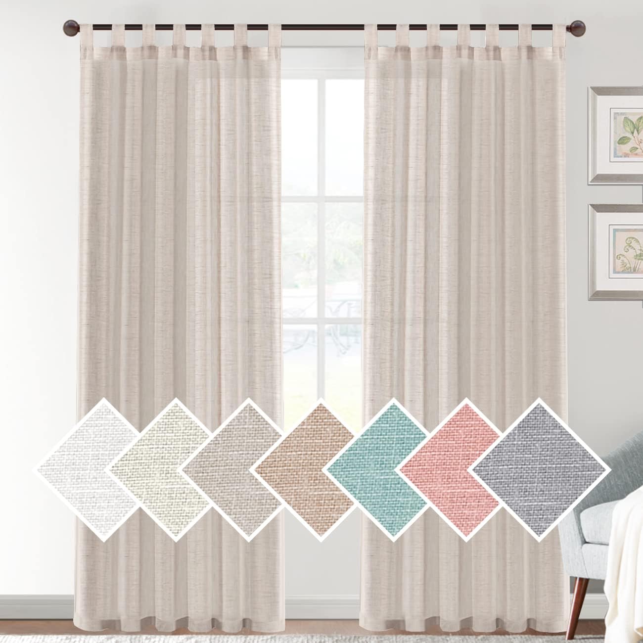 H.VERSAILTEX Cortinas transparentes de lino natural de 63, 72, 84, 95 pulgadas  169, 182.88, 213.36, 241.3 cm. de largo  Juego de cortinas