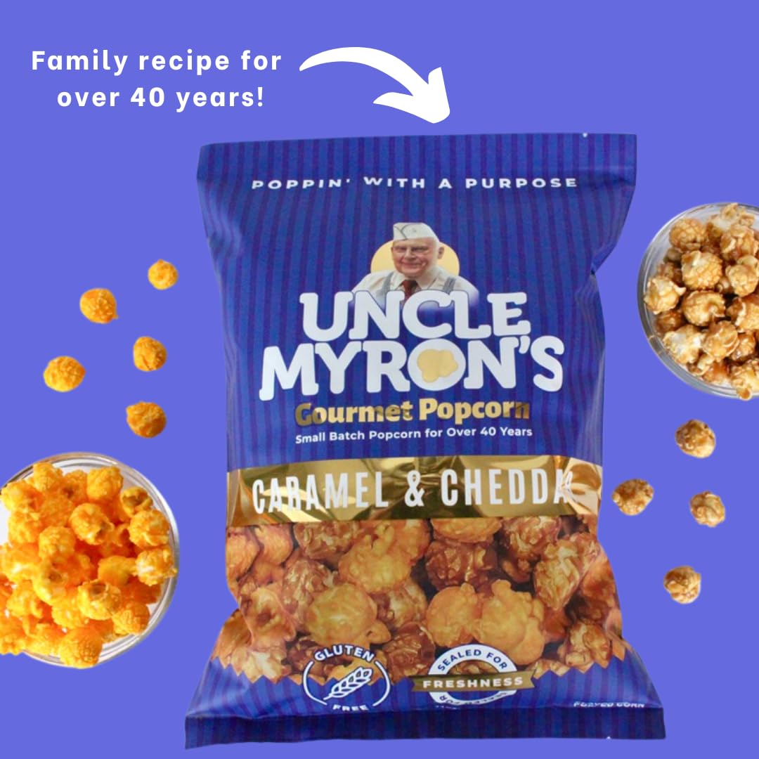 Uncle Myron’s Mezcla de palomitas de maíz, 11.0 onzas, palomitas gourmet de queso y caramelo, sin gluten, aperitivos dulces y salados, mezcla de