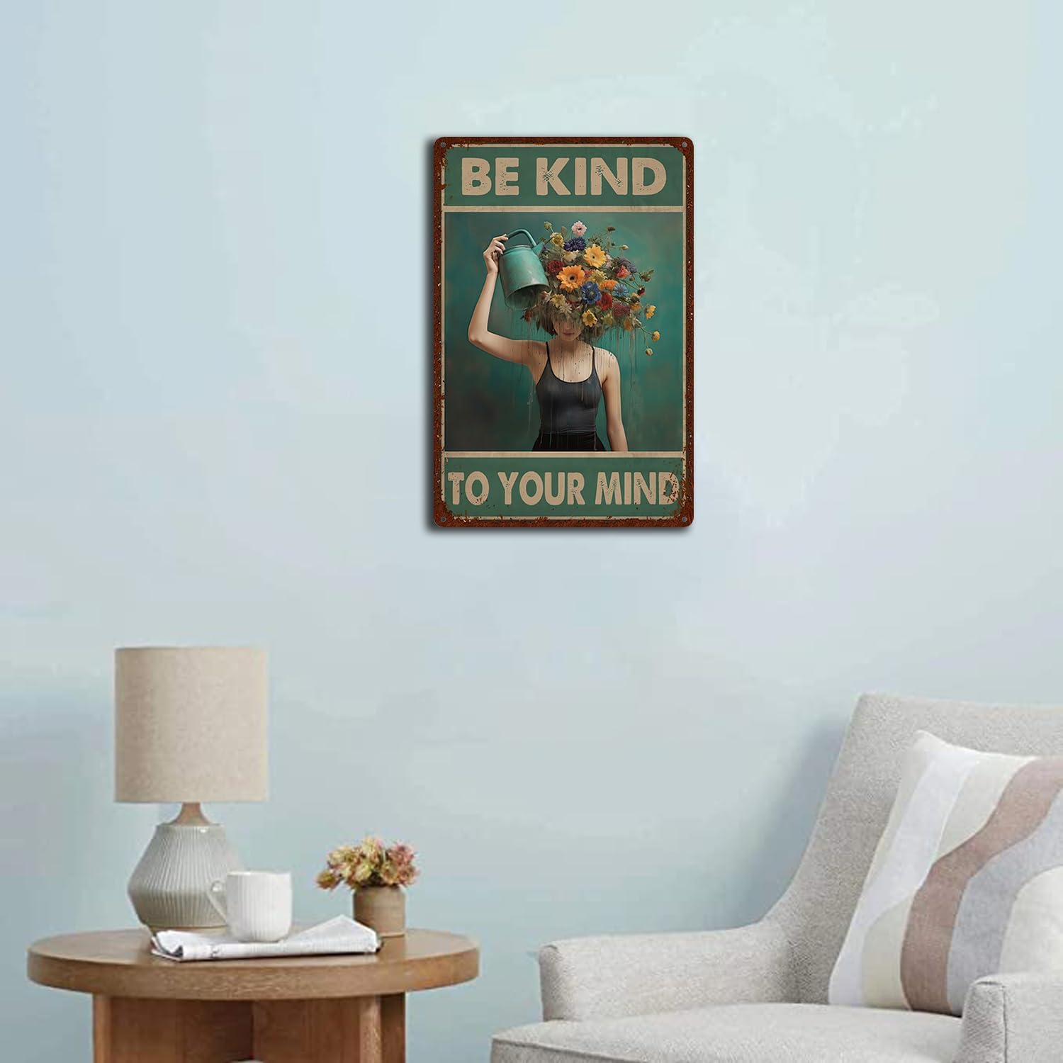 Letrero de hojalata vintage con texto en inglés Be Kind to Your Mind, letrero de metal retro para decoración de pared para amantes de las plantas de