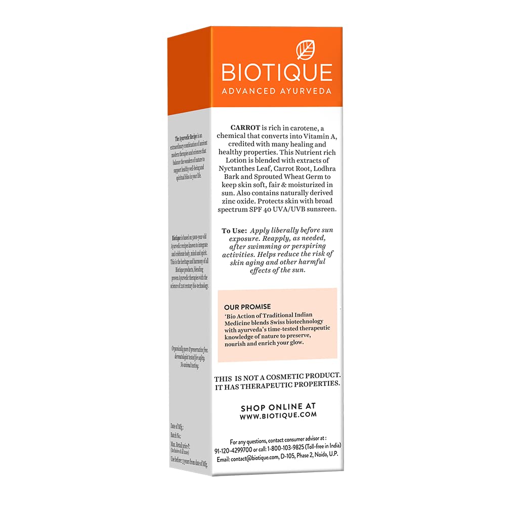 Biotique Loción solar facial y corporal SPF 40 – Zanahoria 4.1 fl oz