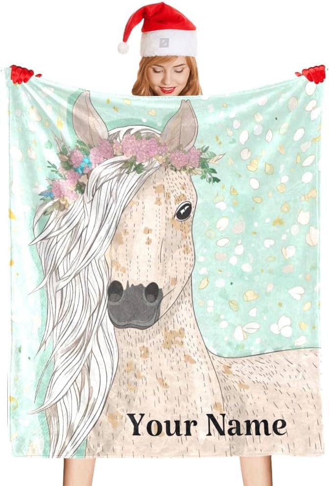 Manta personalizada con texto de nombre, divertida manta de forro polar súper suave con diseño floral de caballo para sofá, cama (50 x 60 pulgadas)