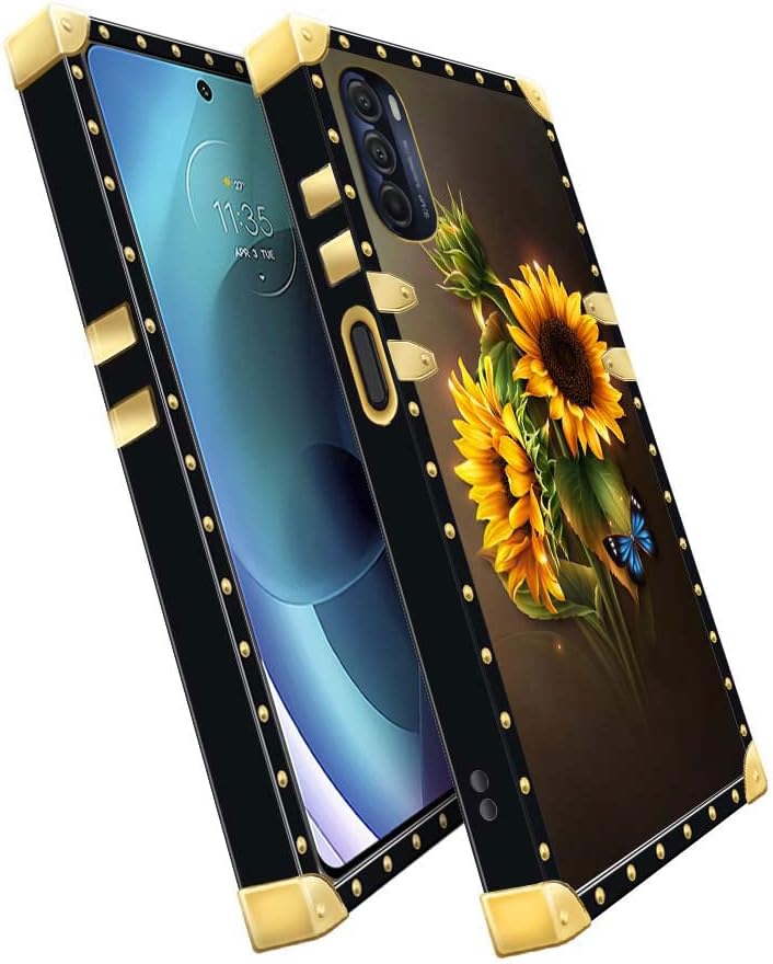 Funda para Motorola Moto G 5G 2022, diseño de girasoles de mariposa azul, 1 funda cuadrada para niñas y mujeres, funda decorativa de metal de lujo,