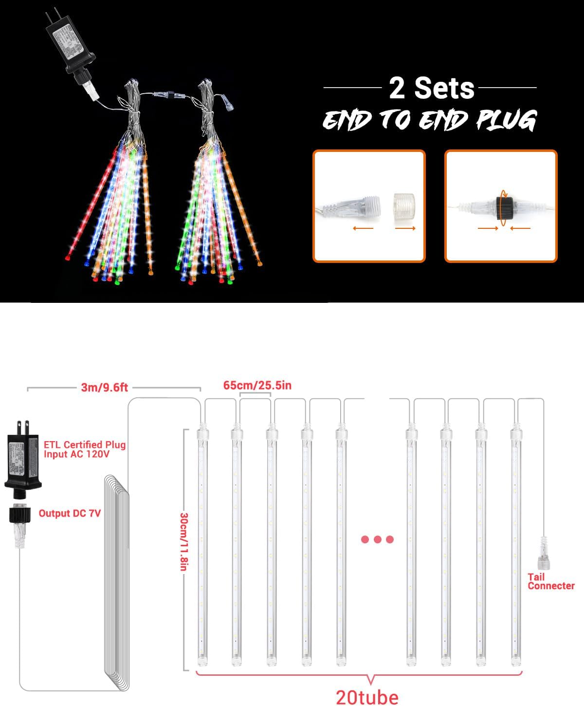 Luces de carámbano multicolor con 20 tubos de lluvia de meteoritos, 480 luces LED de gotas de lluvia con función de temporizador, luces en cascada,