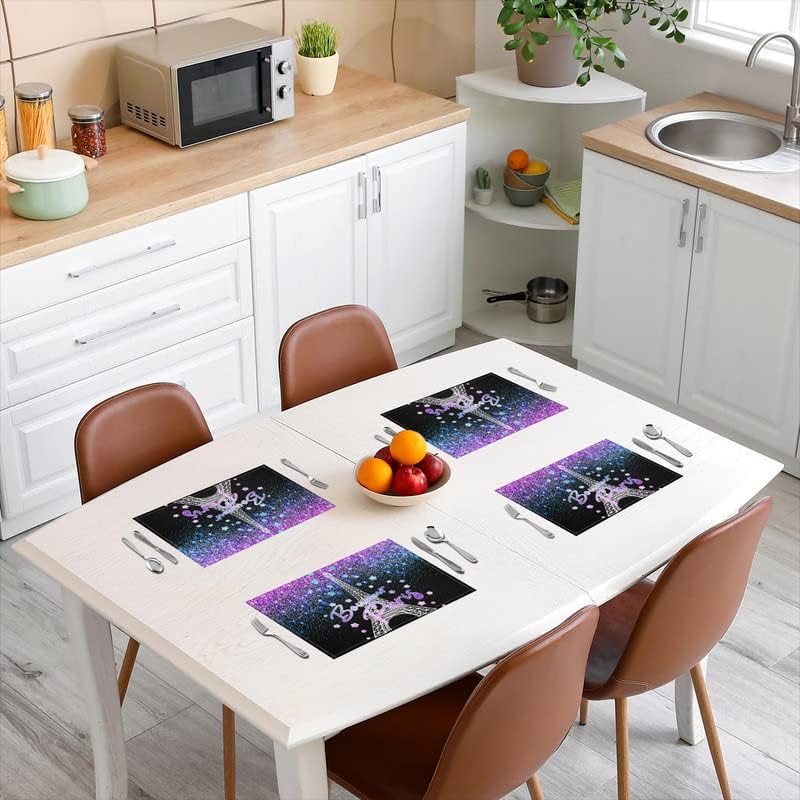 Juego de 4 manteles individuales de torre Eiffel para mesa de comedor, con purpurina, para niños, decoración de cocina, cena, decoración de