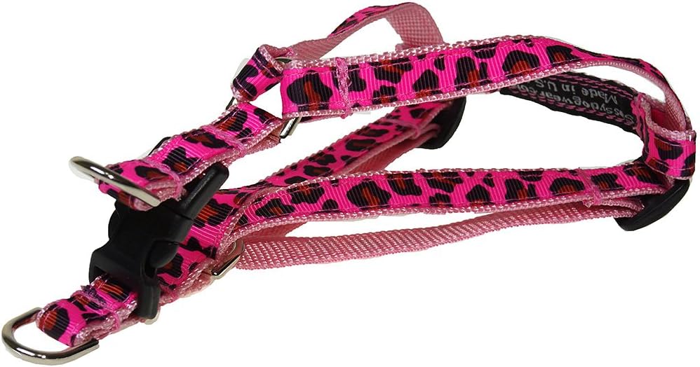 Arnés para perro de leopardo rosa Xs 12 pulgada de ancho, se ajusta de 8 a 16 pulgadas, fabricado en Estados Unidos.