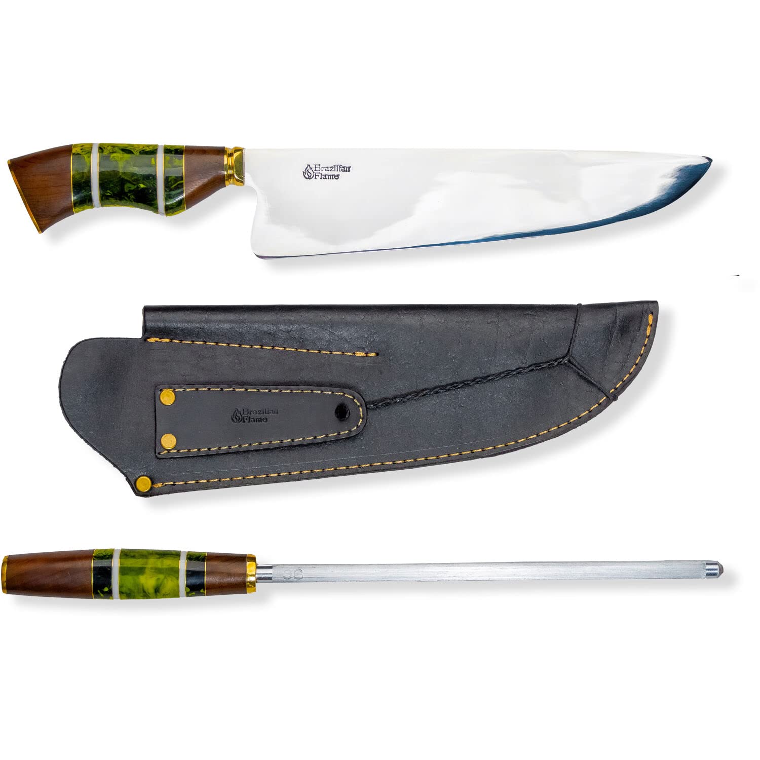 Chef Picanha – Juego de cuchillos de acero inoxidable de 10 pulgadas con afilador, color verde