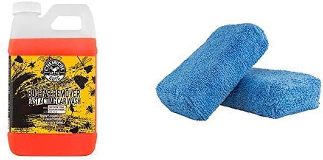 Chemical Guys CWS_104 Bug & Tar – Champú resistente para lavado de autos (64 onzas), 64. Onzas líquidas y MIC_292_02 Aplicador de microfibra de