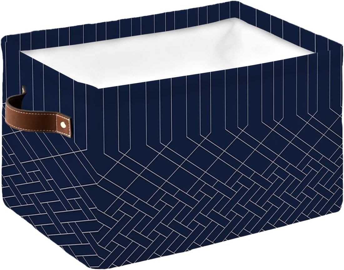 Cesta de almacenamiento geométrica azul marino y blanco para organizar estantes, cajas de almacenamiento plegables con asa, cesta de lona de arte