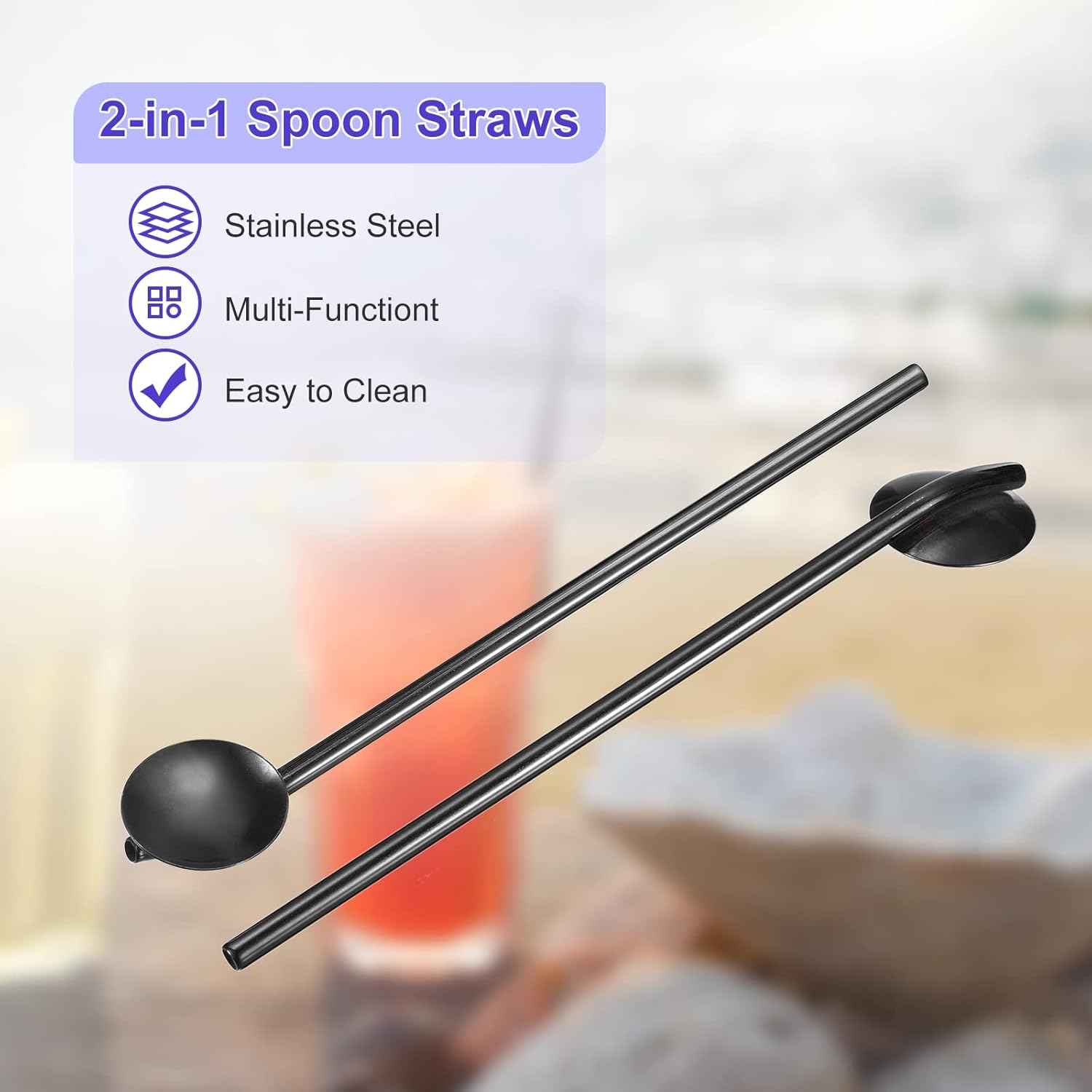 uxcell Pajitas de cuchara de acero inoxidable, 8 popotes reutilizables de metal de mango largo de 7.5 pulgadas, pajitas de paja de forma redonda