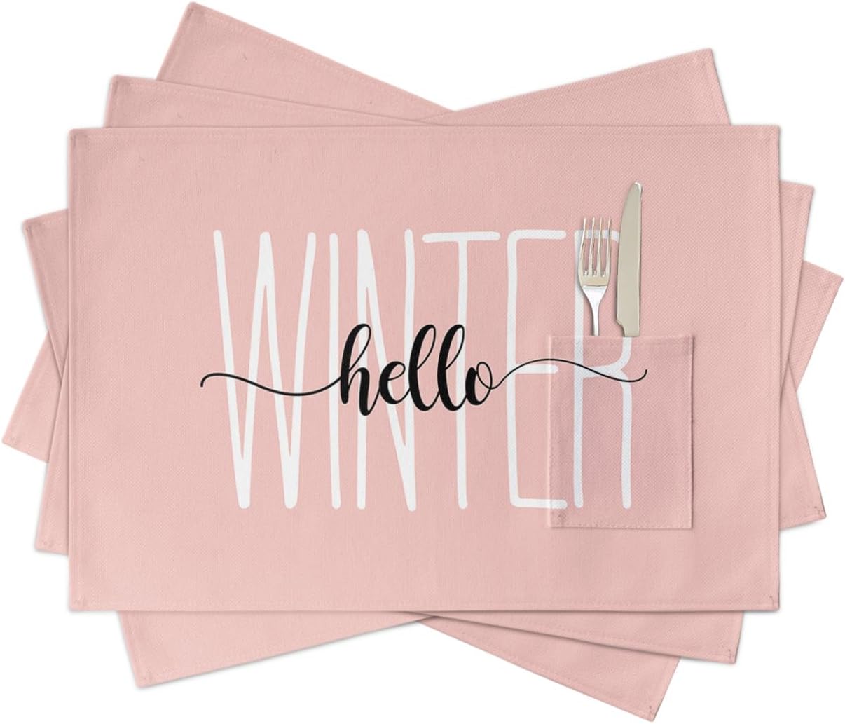 Hello Winter – Juego de 4 manteles individuales tejidos, lavables y lavables con bolsillo, manteles individuales de tela navideña para fiestas,