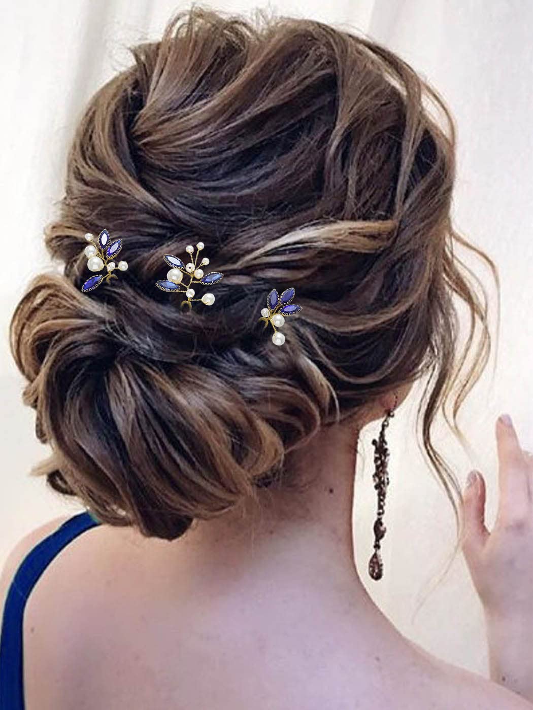 Latious Horquillas para el pelo de novia de novia, pieza de pelo de perlas de cristal azul, accesorios para el cabello para mujeres y niñas (paquete
