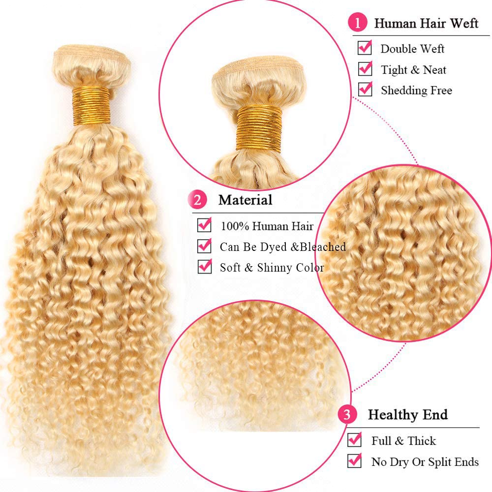613 paquetes de cabello humano rubio rizado, paquetes de cabello virgen brasileño sin procesar, 3 paquetes de 16, 18, 20 pulgadas, mechones de