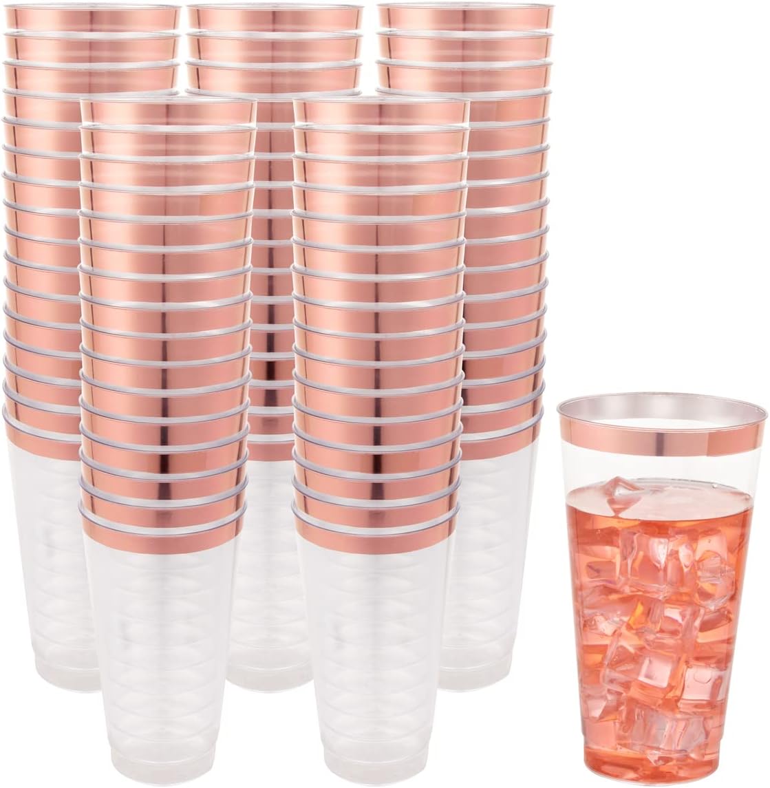 LIYH – 100 vasos de plástico de oro rosa, vasos de plástico con borde de oro rosa de 16 onzas, elegantes tazas de boda de plástico transparente,