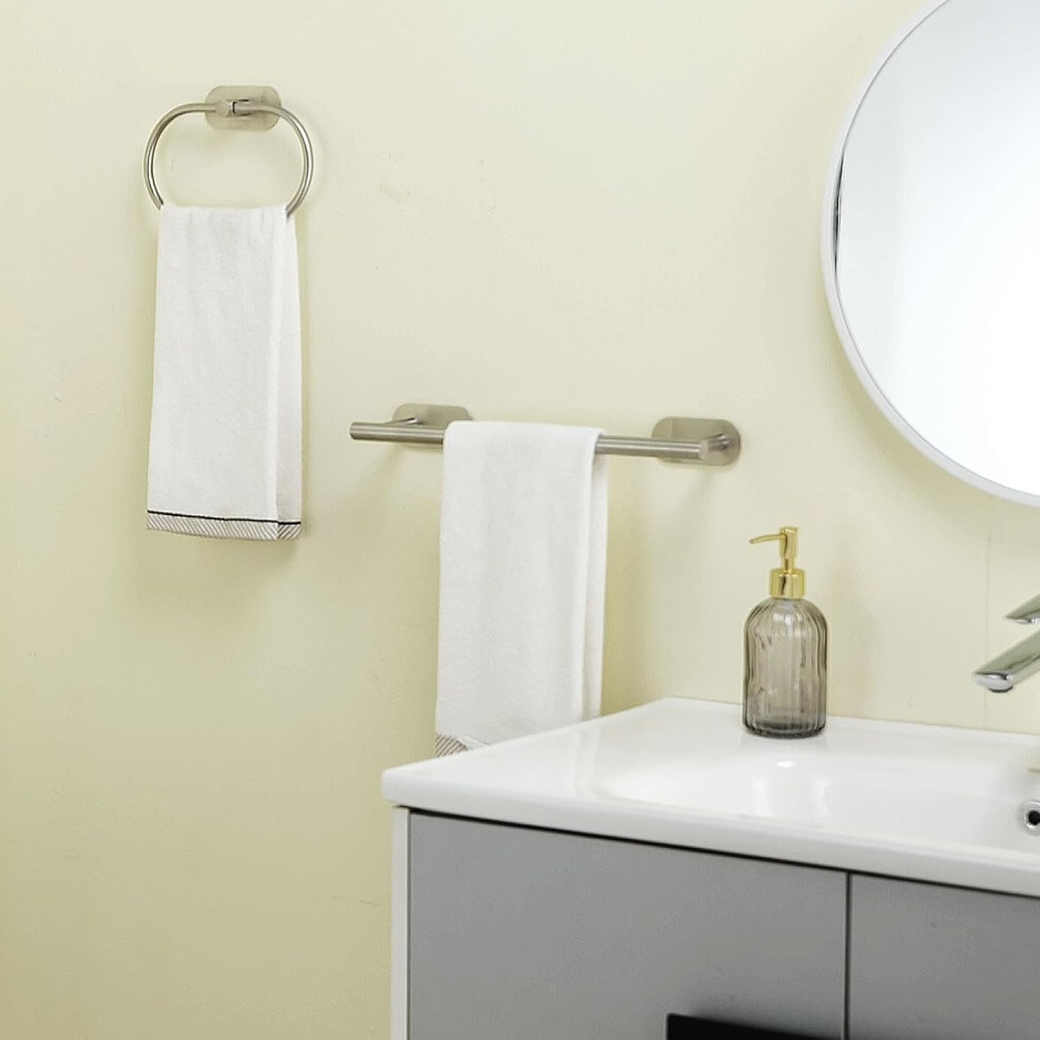 Juego de 4 accesorios de baño, autoadhesivo, acero inoxidable, níquel cepillado de 16 pulgadas, toallero, anillo, soporte para rollo de papel