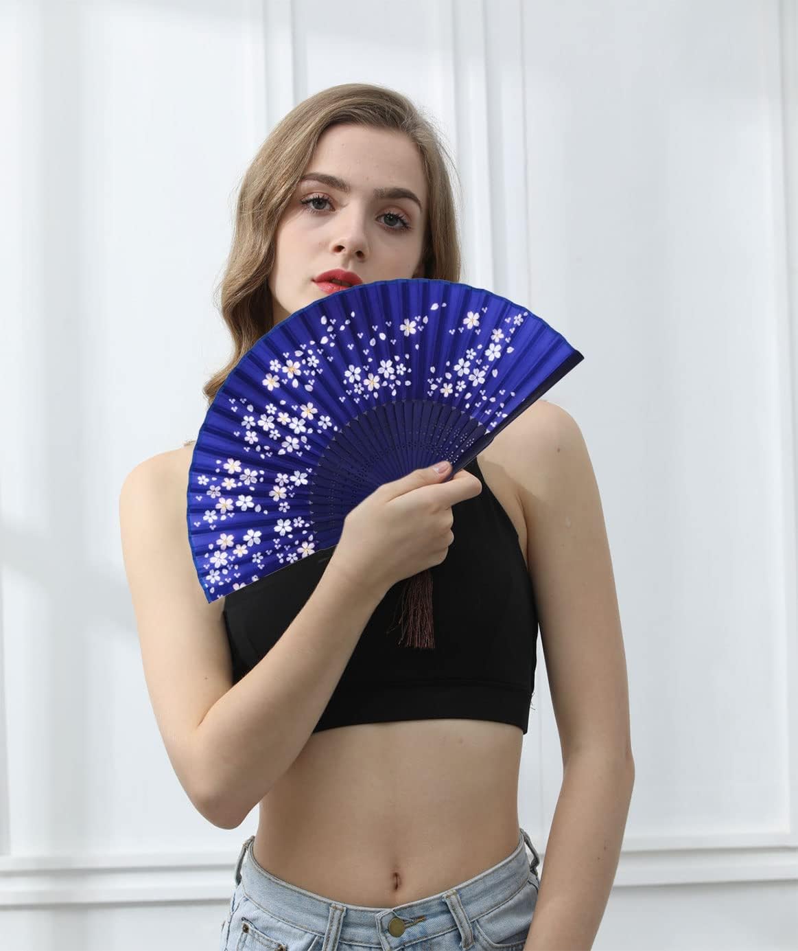 Amajiji Abanico de mano plegable para mujer, estilo chino japonés vintage, de seda de bambú, abanicos plegables de mano para fiestas, bodas, bailes,