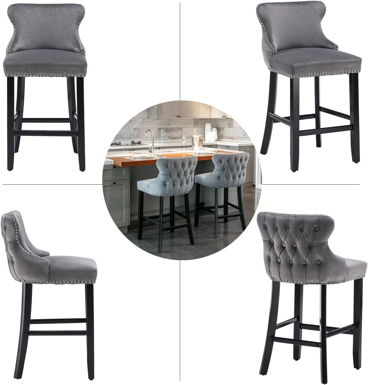 Juego de 2 taburetes de bar de terciopelo gris, taburetes de bar de altura de mostrador de 26.7 pulgadas, taburetes de bar tapizados modernos con