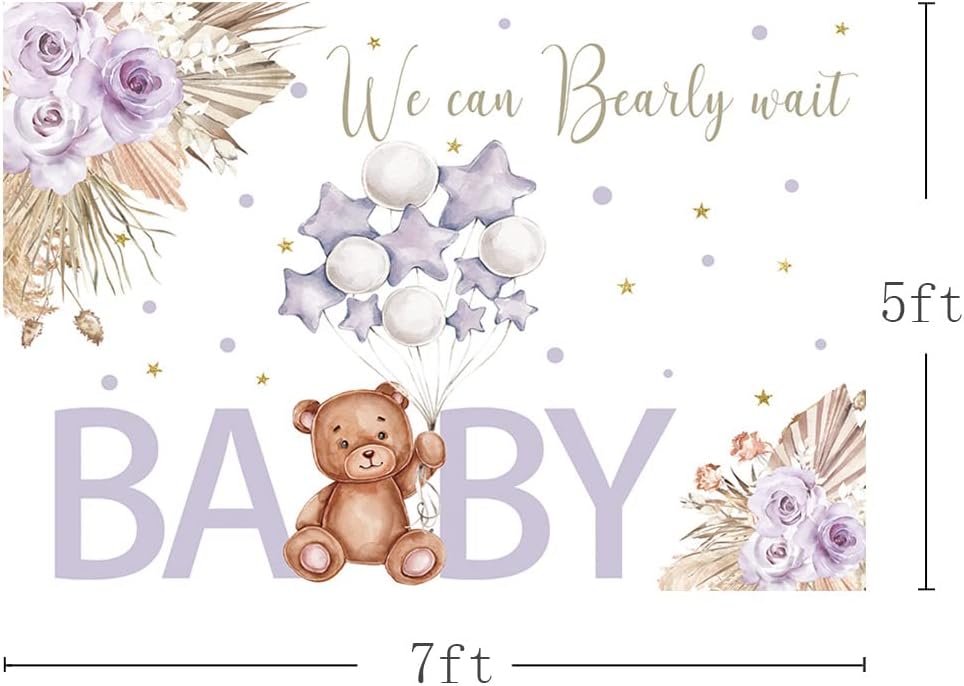 Telón de fondo de baby shower de oso bohemio de 7 x 5 pies para niña, color morado rubor, fondo floral bohemio para fotografía con texto en inglés