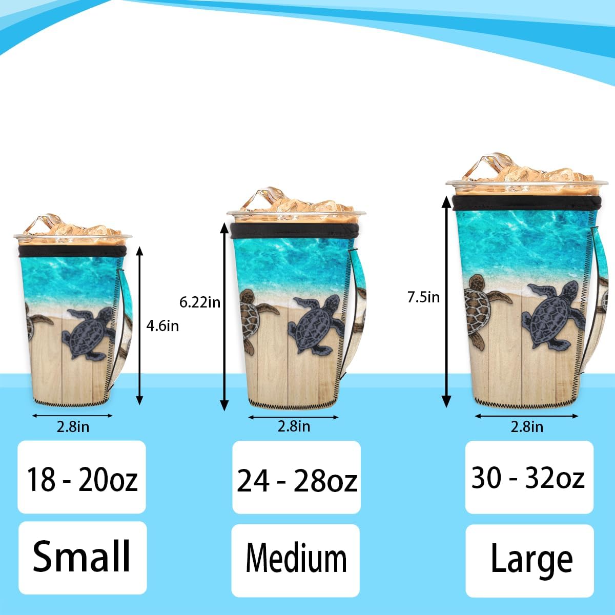 Funda de neopreno reutilizable para café helado de tortuga marina con asa, funda aislante de neopreno reutilizable de madera para bebidas calientes