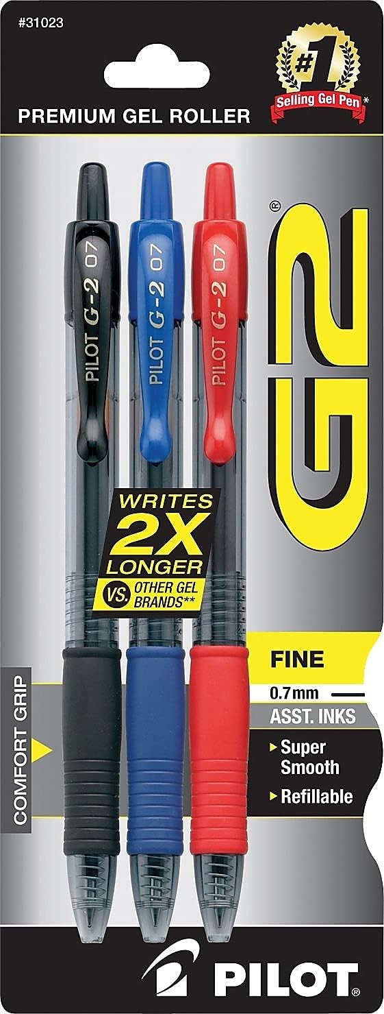 Pilot 31023 G2 Premium Bolígrafo retráctil de tinta de gel, recargable, tinta surtida, 0.028 in, paquete de 3
