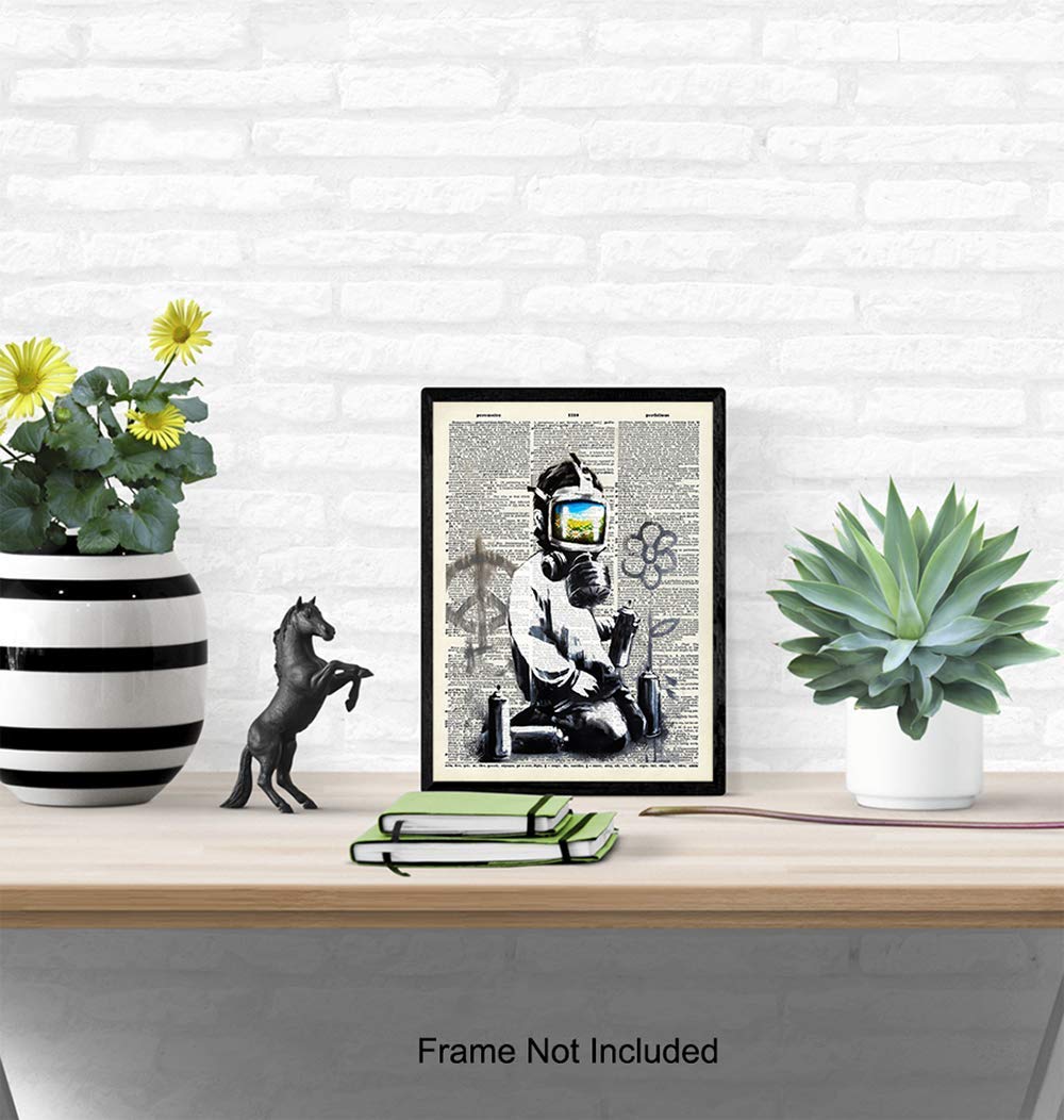 Banksy Gas Mask Graffiti Street Art Mural – Contemporary Dictionary Art, Home Decor – Upcycled Wall Art Print, Poster – Unique Room Decorations –