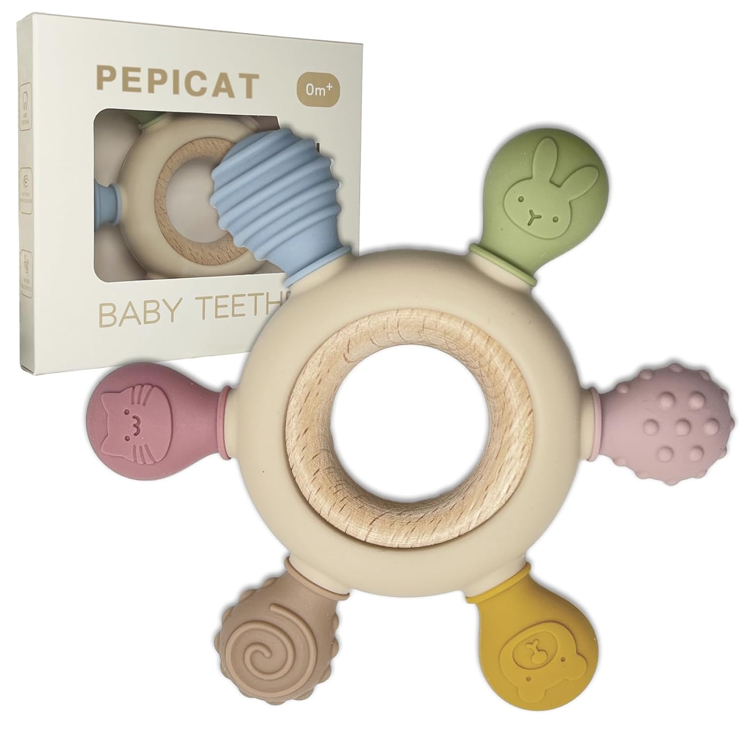 Juguetes de dentición de silicona, anillo de madera natural con cubierta de dentición de silicona, juguetes de dentición para bebés de 0 a 6 meses,