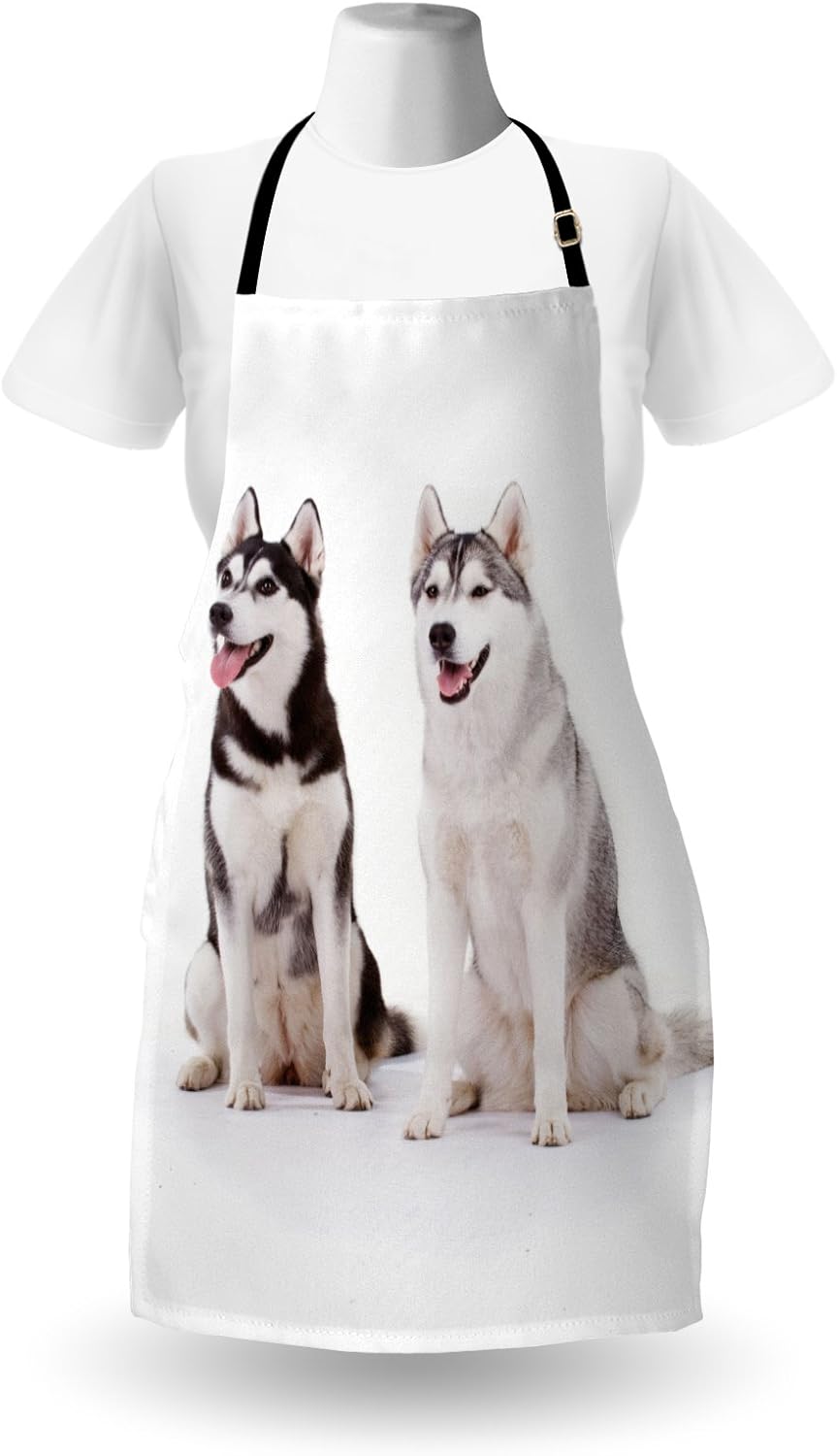 Ambesonne Alaskan Malamute – Delantal de perritos árticos peludos, husky de cría, pedigrí de mamífero siberiano feliz, delantal de cocina unisex con
