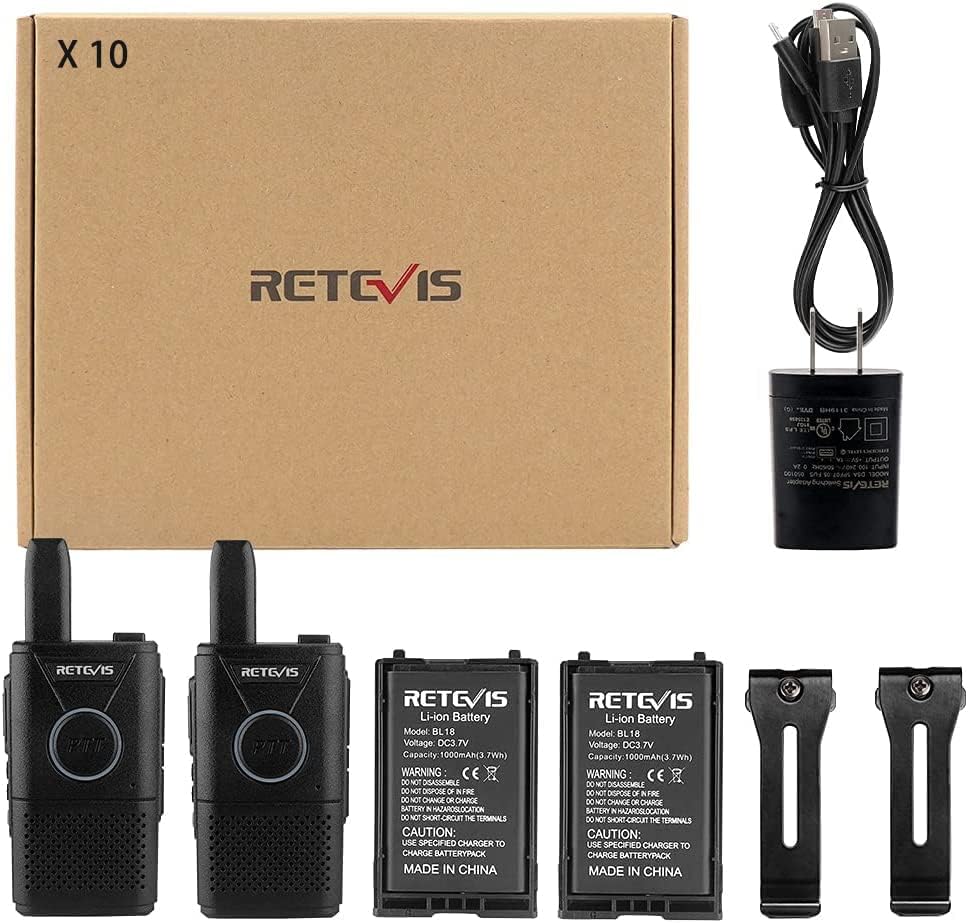 Retevis Walkie talkies RT18 – Paquete de 20 radios de 2 vías, Walkie Talkies de largo alcance, PTT dual, cable de carga USB 2 en 1, VOX, clip de