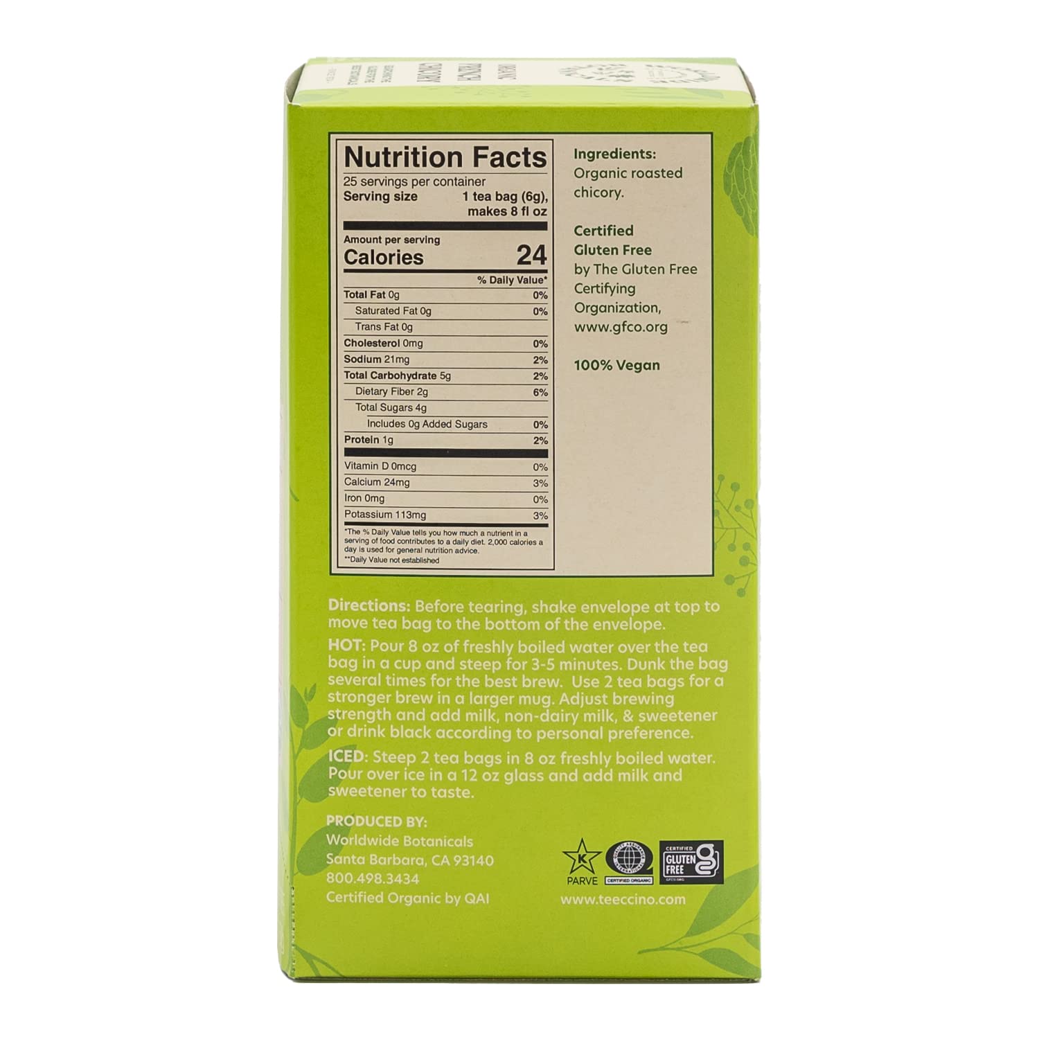Worldwide Botanicals Té orgánico de raíz de achicoria francesa  3 hierbas con 0.23 onzas por bolsa de té  Té de hierbas tostadas prebiótico  Sin