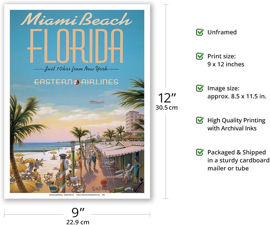 Miami Beach Florida – Eastern Airlines – Solo 10 horas de Nueva York – Póster vintage de viaje de aerolínea por Kerne Erickson – Impresión artística