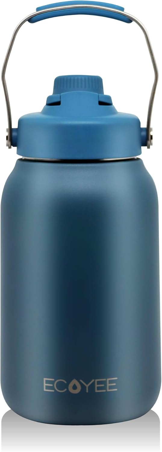 Botellas de agua aisladas de medio galón, jarra de agua de 64 onzas con mango de metal, botella de agua térmica apta para lavavajillas, boca ancha,