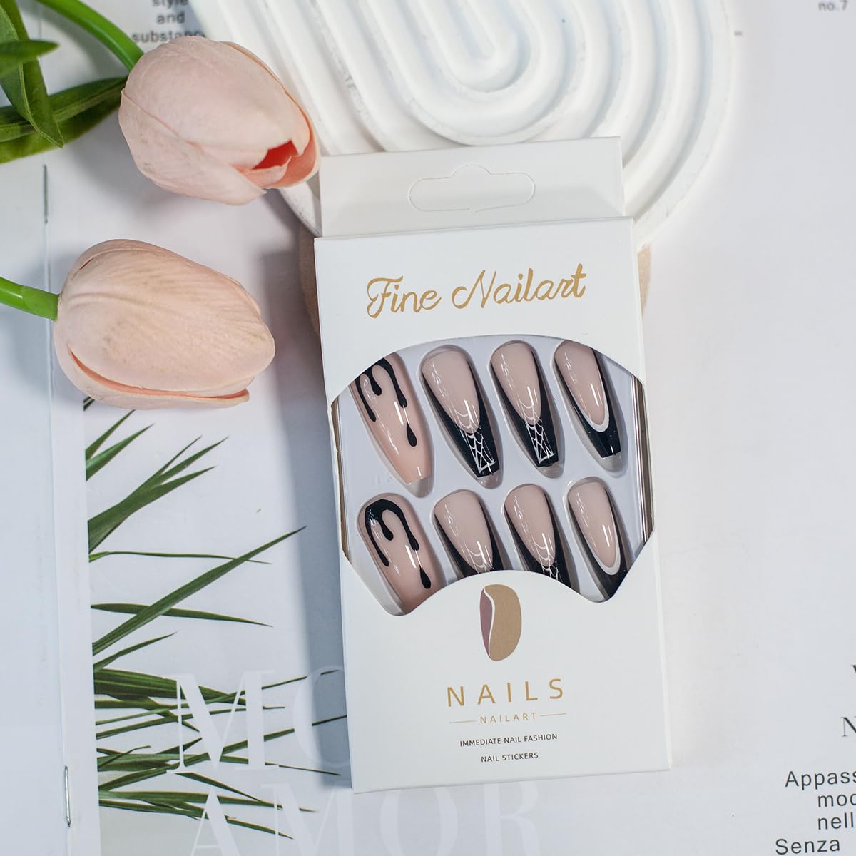 Uñas postizas a presión de Halloween, largas y cuadradas, con diseños de telaraña, fantasma, uñas acrílicas, uñas acrílicas negras con pegamento en