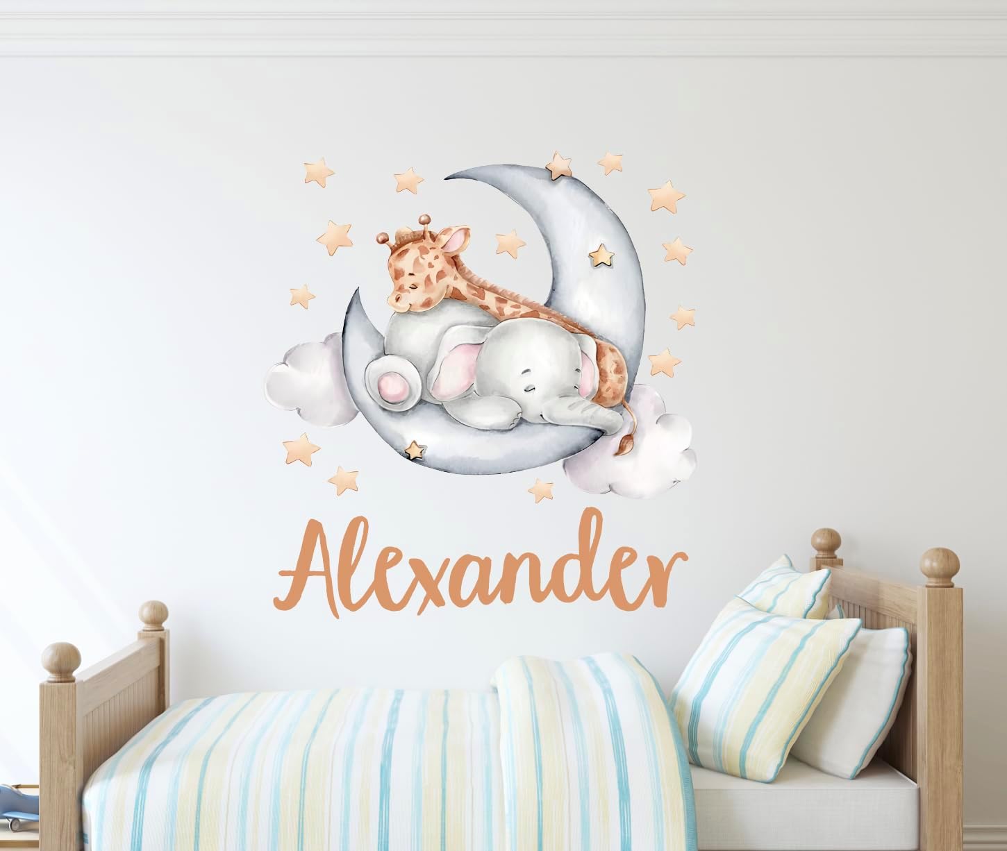 Calcomanía de pared personalizada con nombre de jirafa y elefante para habitación de niños, calcomanías de pared para guardería, diseño de jirafa,