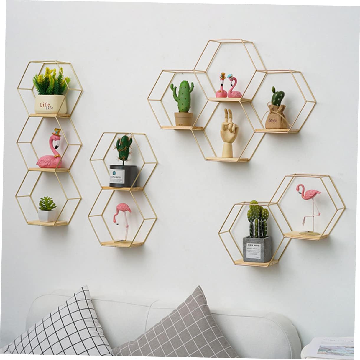 Cabilock Estante de pared para plantas pequeñas, soportes de metal para contenedores de madera, estantes de pared, decoración de alambre hexagonal,