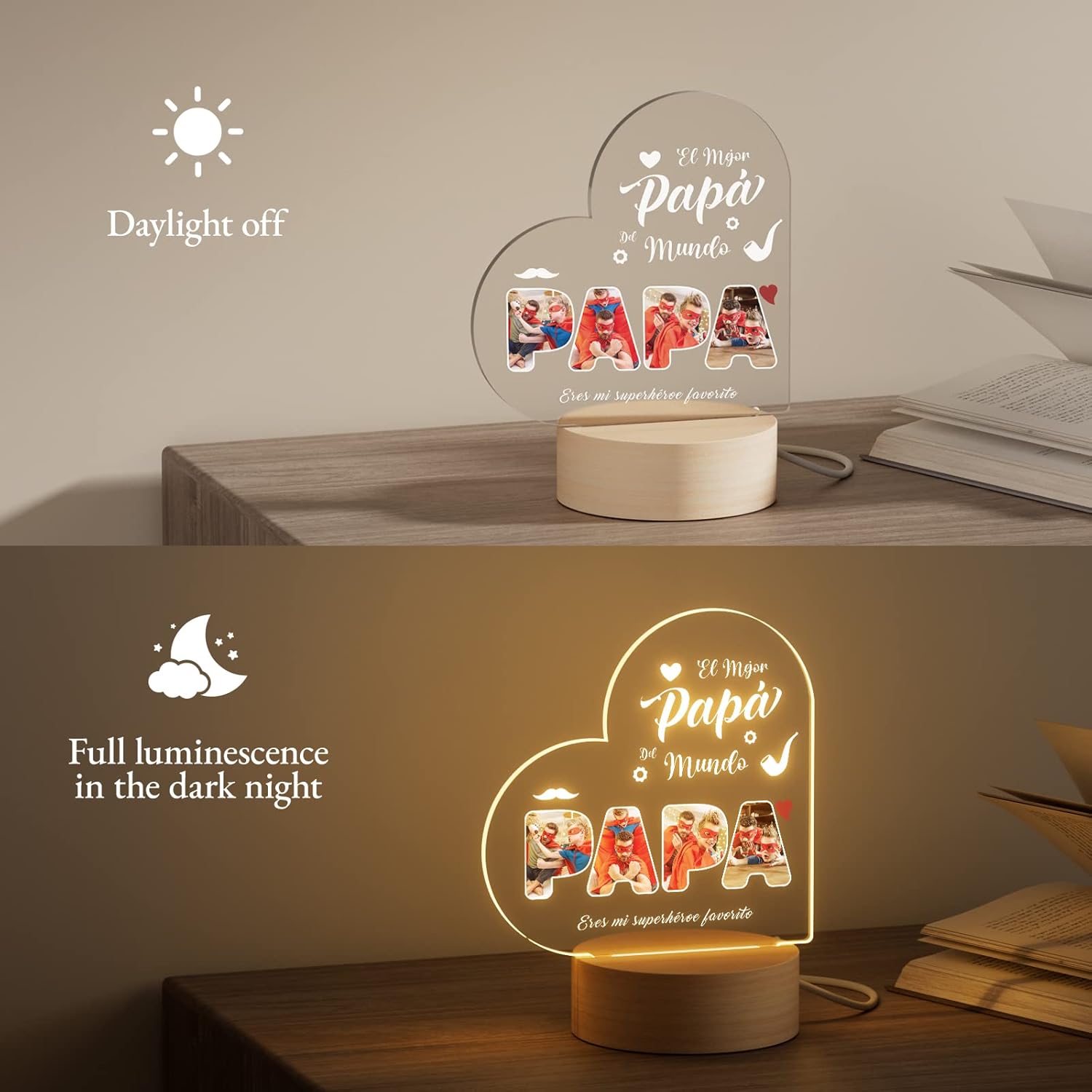 Bemaystar Regalos para papá, regalos personalizados para el día del padre de hija, hijo, esposa, luz nocturna LED acrílica con imagen, regalos para