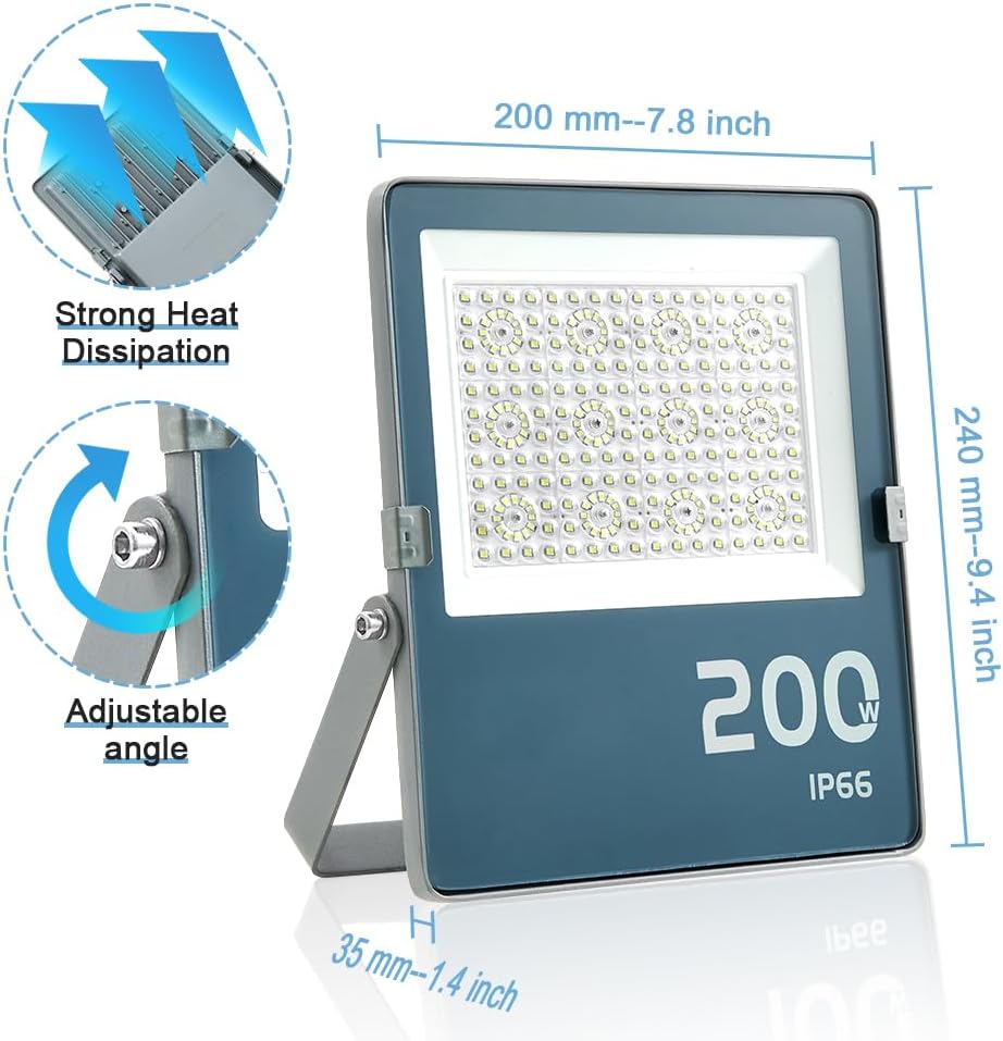 Luces LED de inundación para exteriores, 200W 20000LM Luz de trabajo LED con conductor, 6500K luz blanca diurna, IP66 portátil impermeable al aire