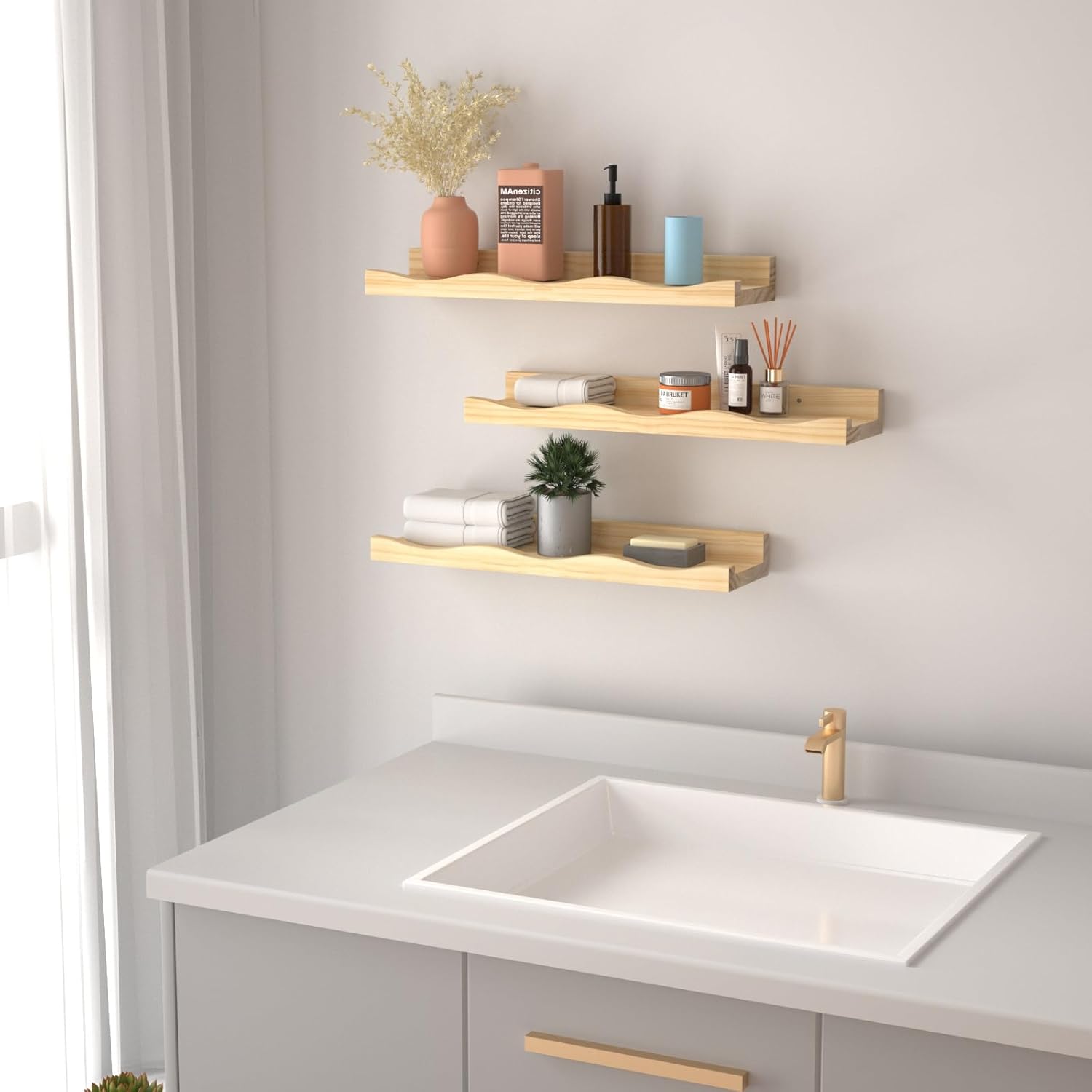 Estantes flotantes para decoración de pared, juego de 3 estantes para libros de guardería, estantes de baño, estante de pared de 16 pulgadas para