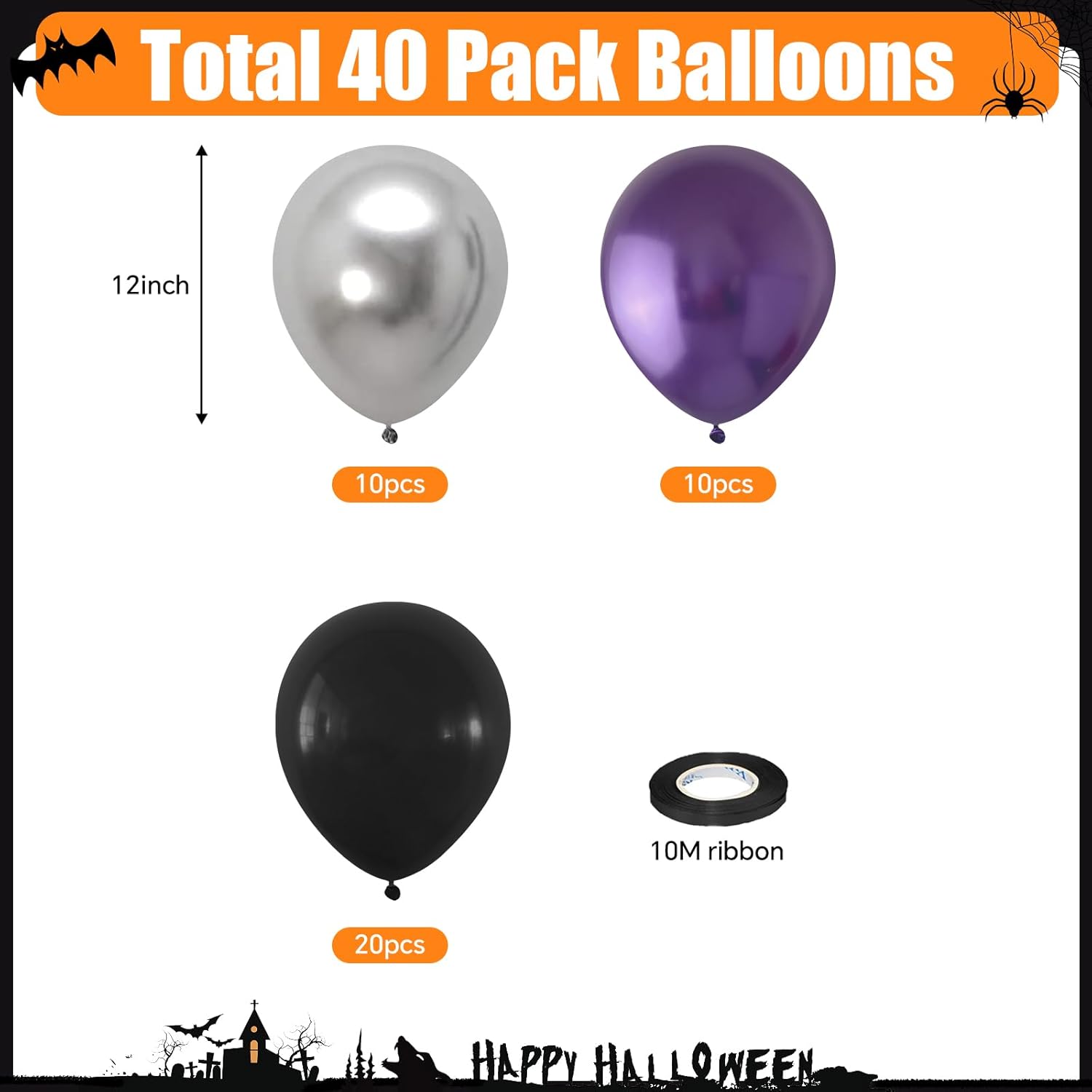 FEYG Globos de Halloween de 12 pulgadas, 40 globos de metal negro, morado, plateado, látex, decoración de fiesta de Halloween, celebración de