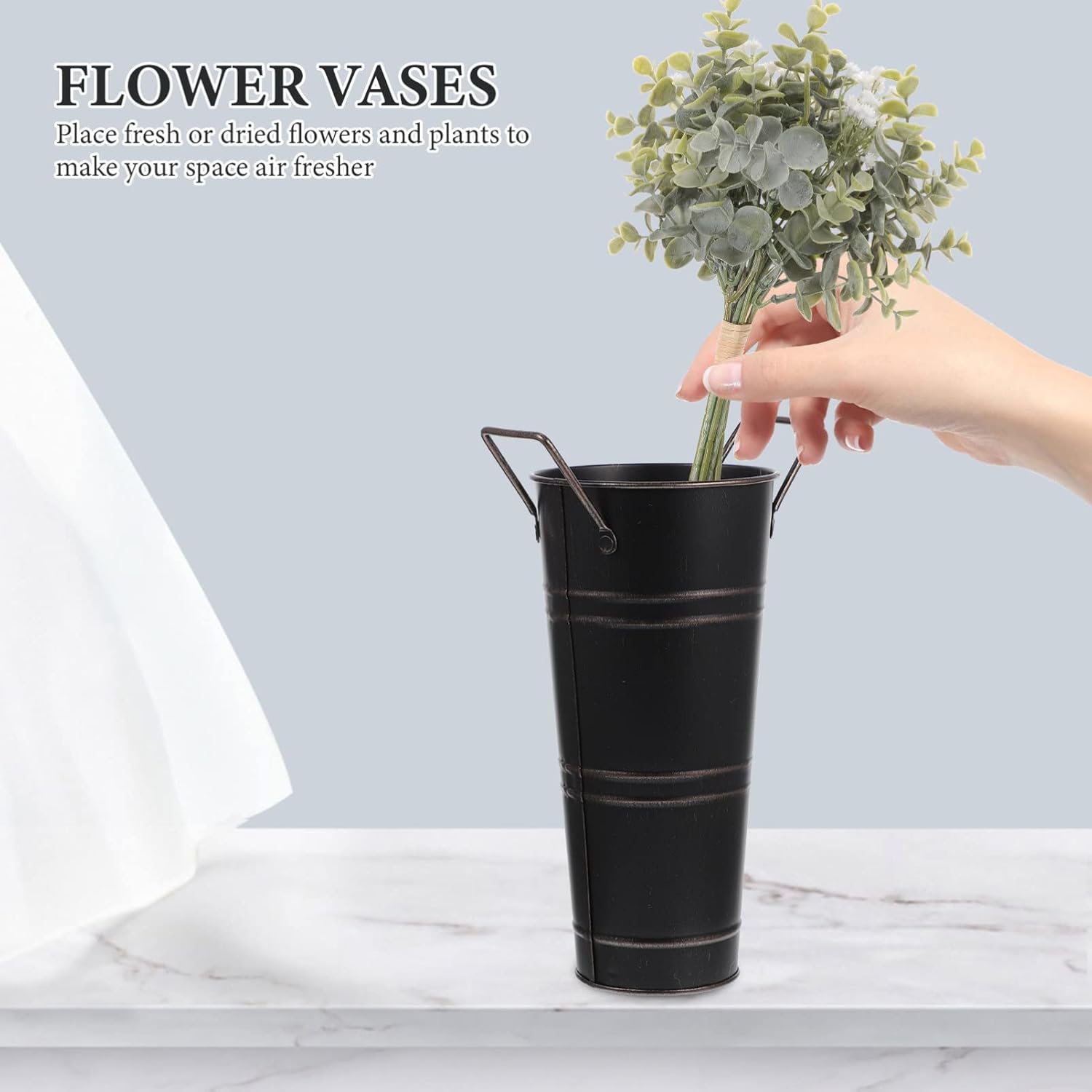 SEWACC Florero de metal galvanizado, estilo retro, de granja, estilo francés, con asa, florero rústico para el hogar, boda (negro)