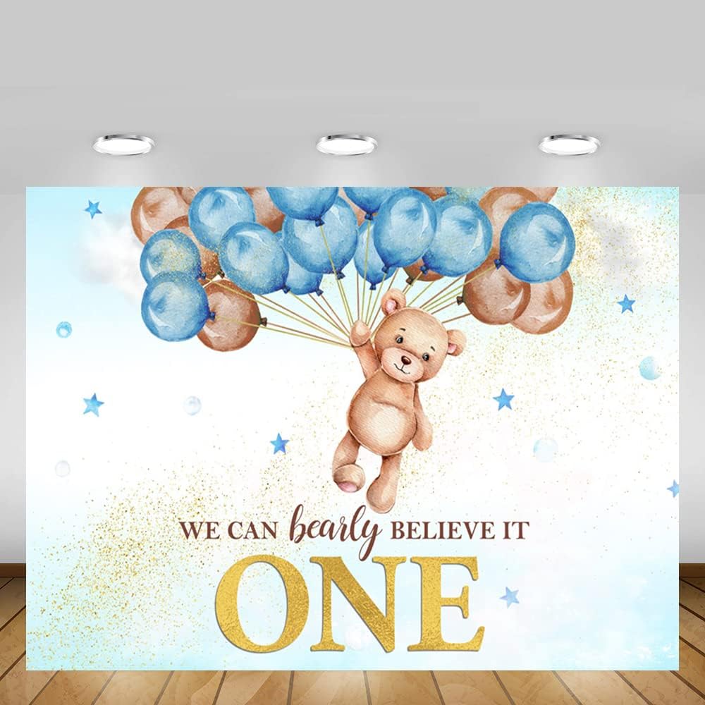 MEHOFOND Telón de fondo de oso de primer cumpleaños para niños, con texto en inglés We Can Bearly Believe It One Happy First Birthday, decoración de