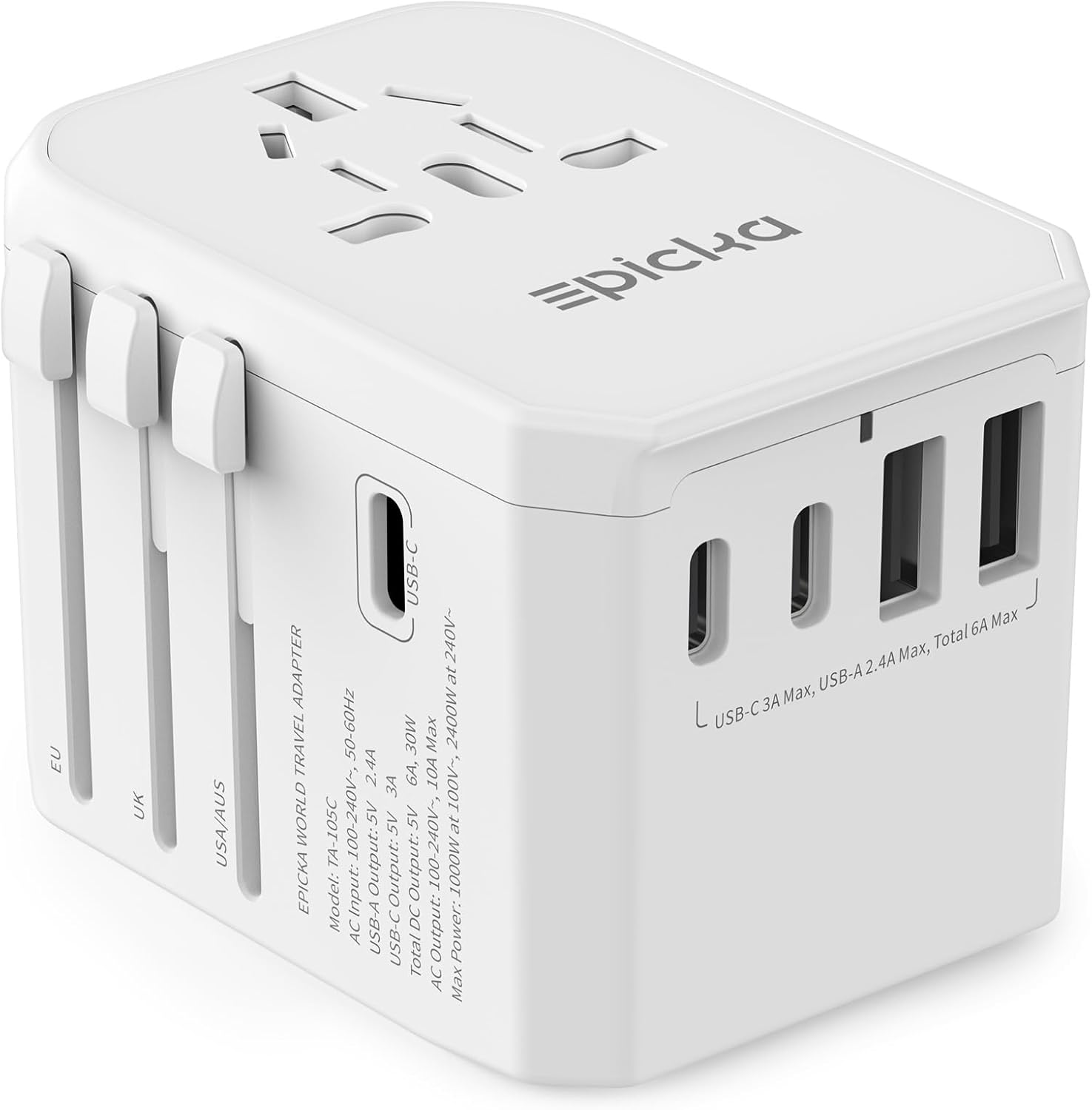 EPICKA Adaptador de viaje universal, adaptador de enchufe de alimentación internacional con 3 puertos USB-C y 2 puertos USB-A, cargador de pared