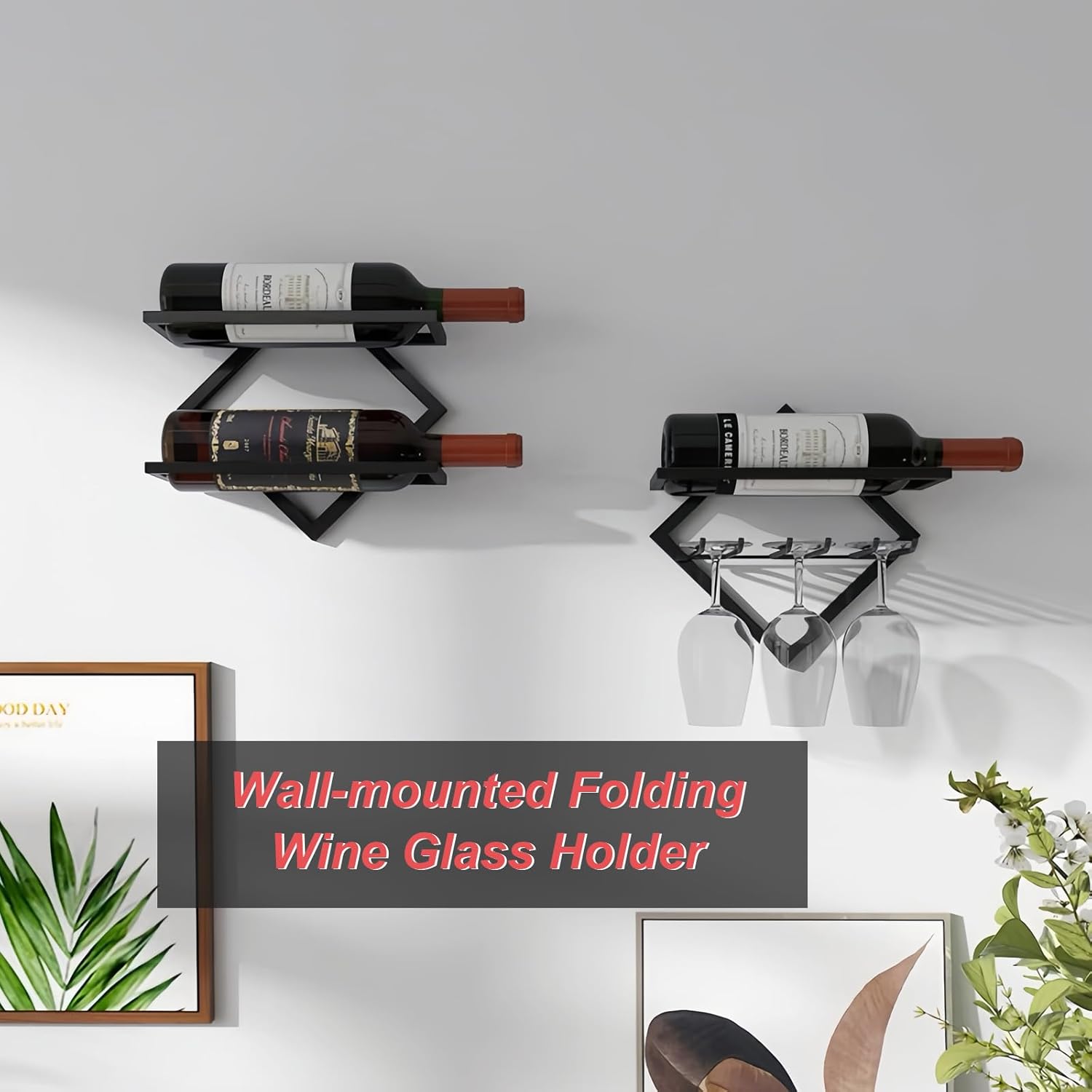 Estante de vino para montar en la pared, 2 unidades, estante plegable para vino colgante con soporte para vidrio, soporte de metal para copa de vino