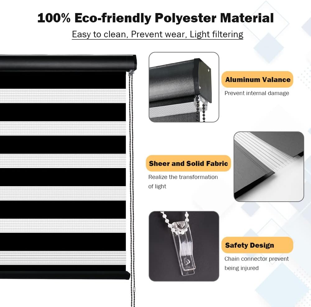 Kokorona Zebra – Persianas enrollables para ventanas, de doble capa con cenefa, color negro, 34 pulgadas de ancho x 72 pulgadas de alto