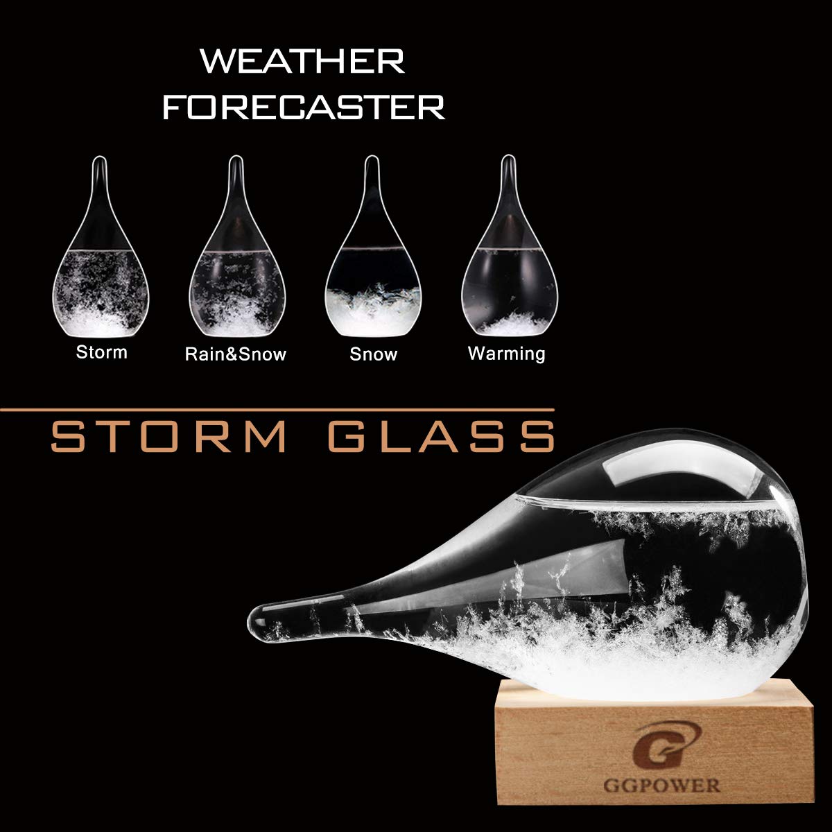 Globo de nieve de Navidad, vidrio de tormenta, predictor del clima, botella decorativa de vidrio con una base de madera maciza, estaciones