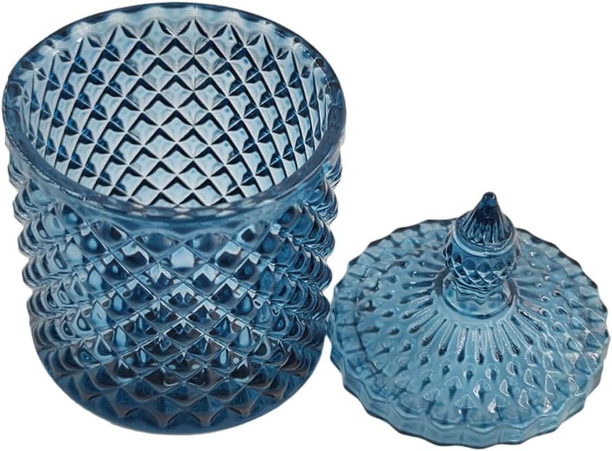 Sizikato Tarro de cristal facetado de diamante con tapa, tarro decorativo azul de 18 onzas, tarro de nuez, frasco de almacenamiento de frutas secas.