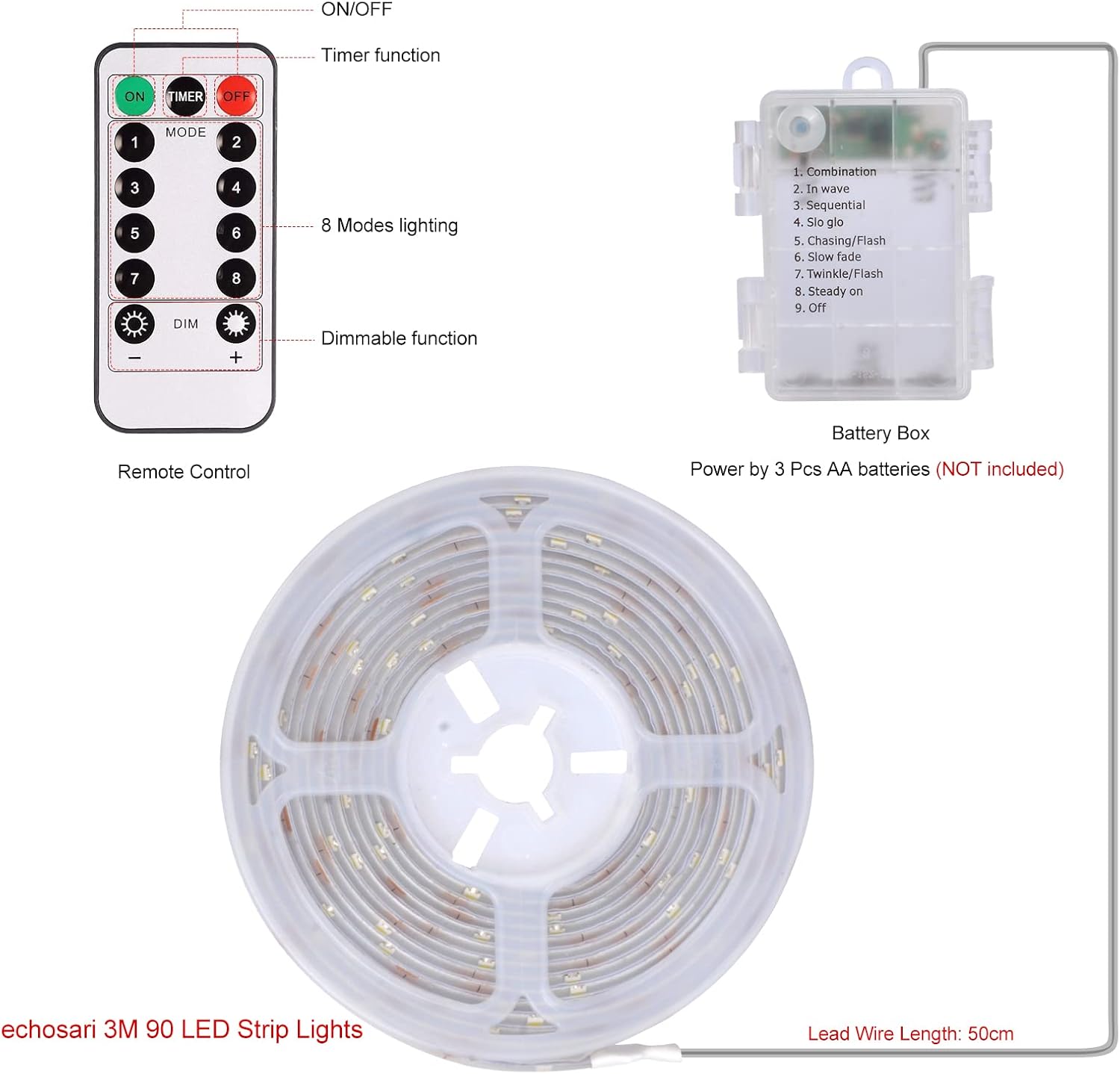 echosari Tira de luces LED alimentadas por pilas, 90 luces LED rojas 2835 SMD de 9.8 pies, tira de luces autoadhesivas cortables con temporizador