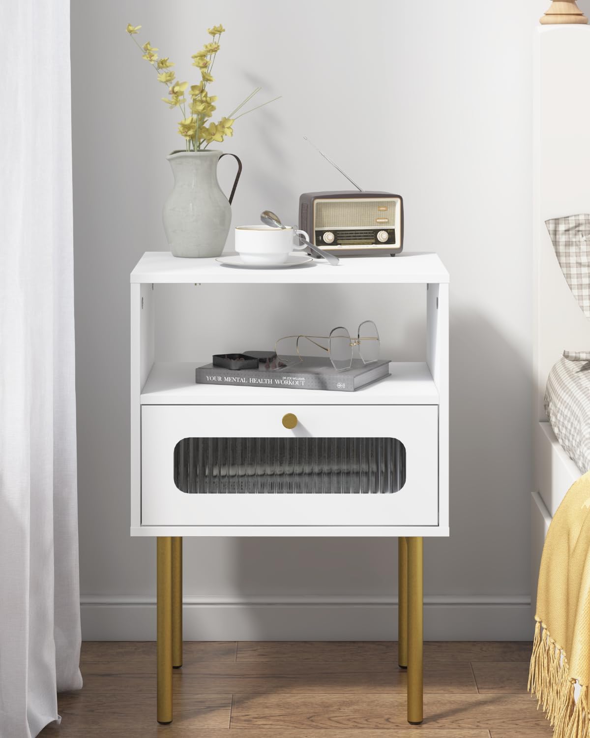 Mesita de noche, mesa auxiliar moderna blanca con cajón de almacenamiento y estante de madera abierto, mesa auxiliar pequeña con puerta decorativa