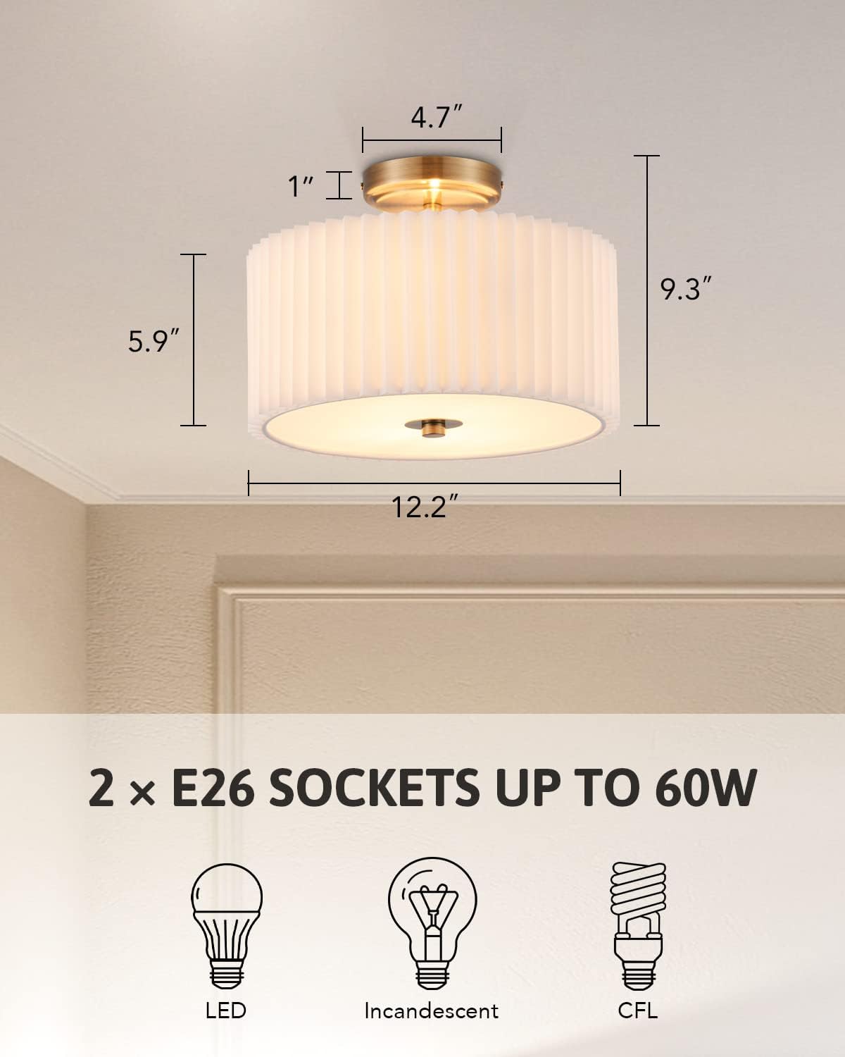 VONLUCE Lámpara de techo semiempotrada, lámpara de techo de tambor de 13 pulgadas con 2 luces, moderna lámpara de techo para dormitorio, sala de