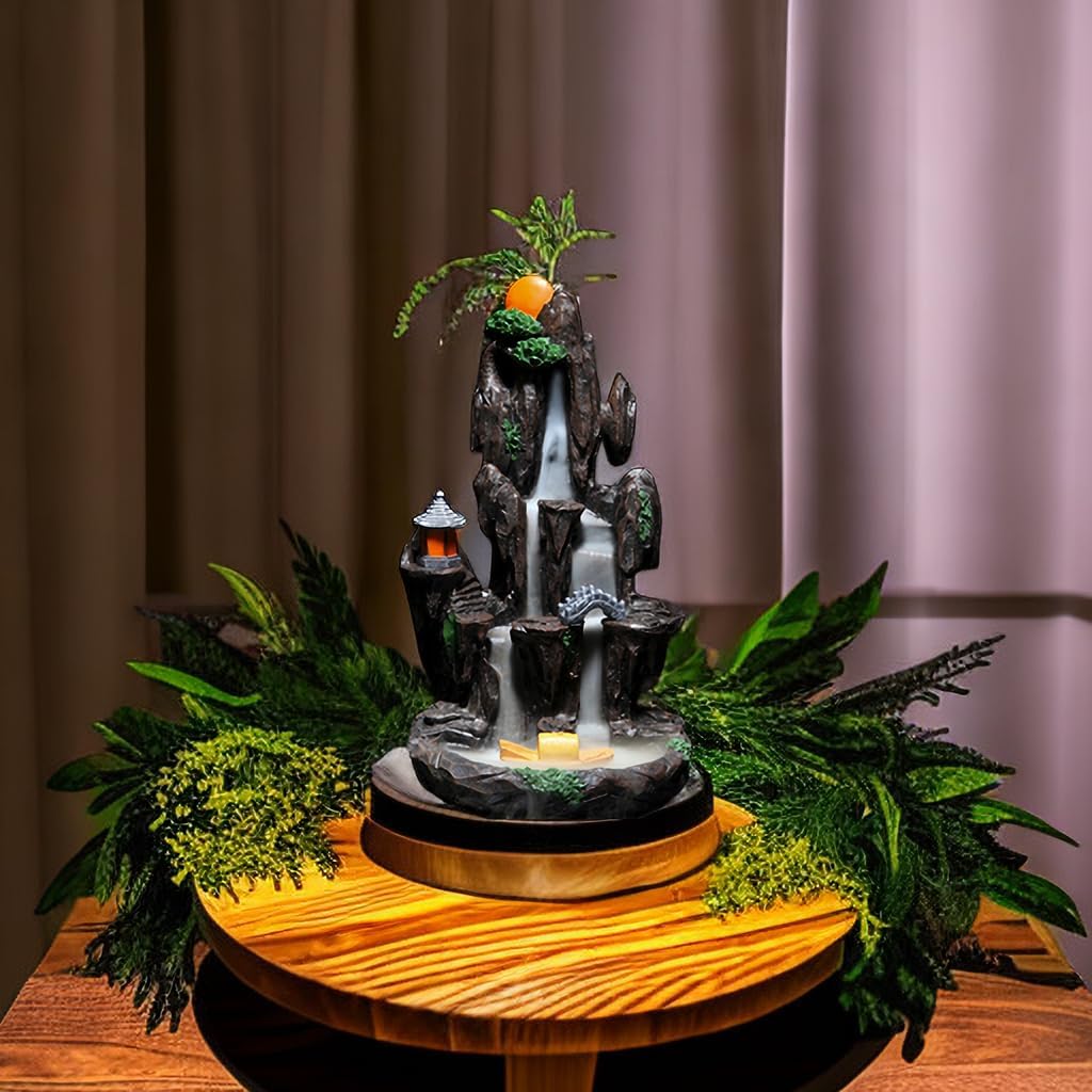 TANZEQI Quemador de incienso de cascada Feng Shui, soporte de incienso de reflujo zen y cascada, con 130 conos de incienso de reflujo, adorno de