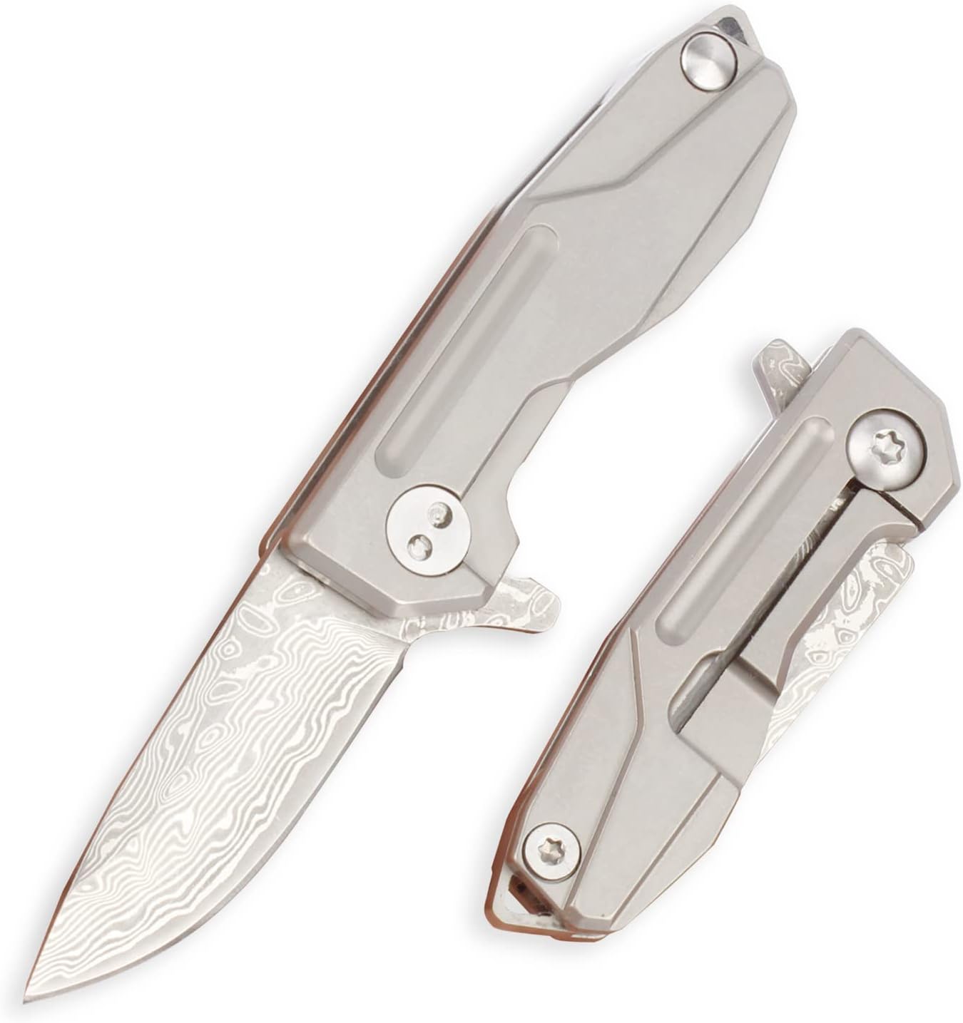 Samior HY002 – Cuchillo plegable ultra pequeño de bolsillo, hoja de damasco VG10 de 1.3 pulgadas, cerradura de marco de mango de titanio gris, mini